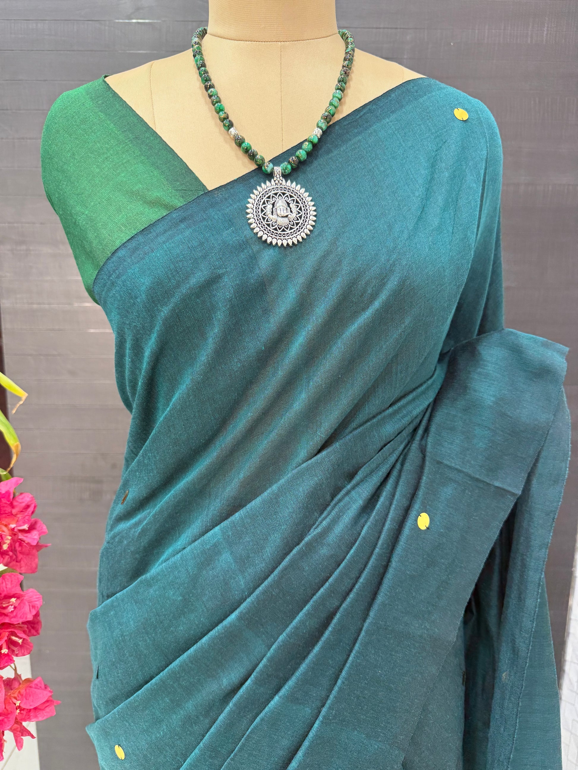 Deep Teal & Bottle Green Khadi Cotton Saree