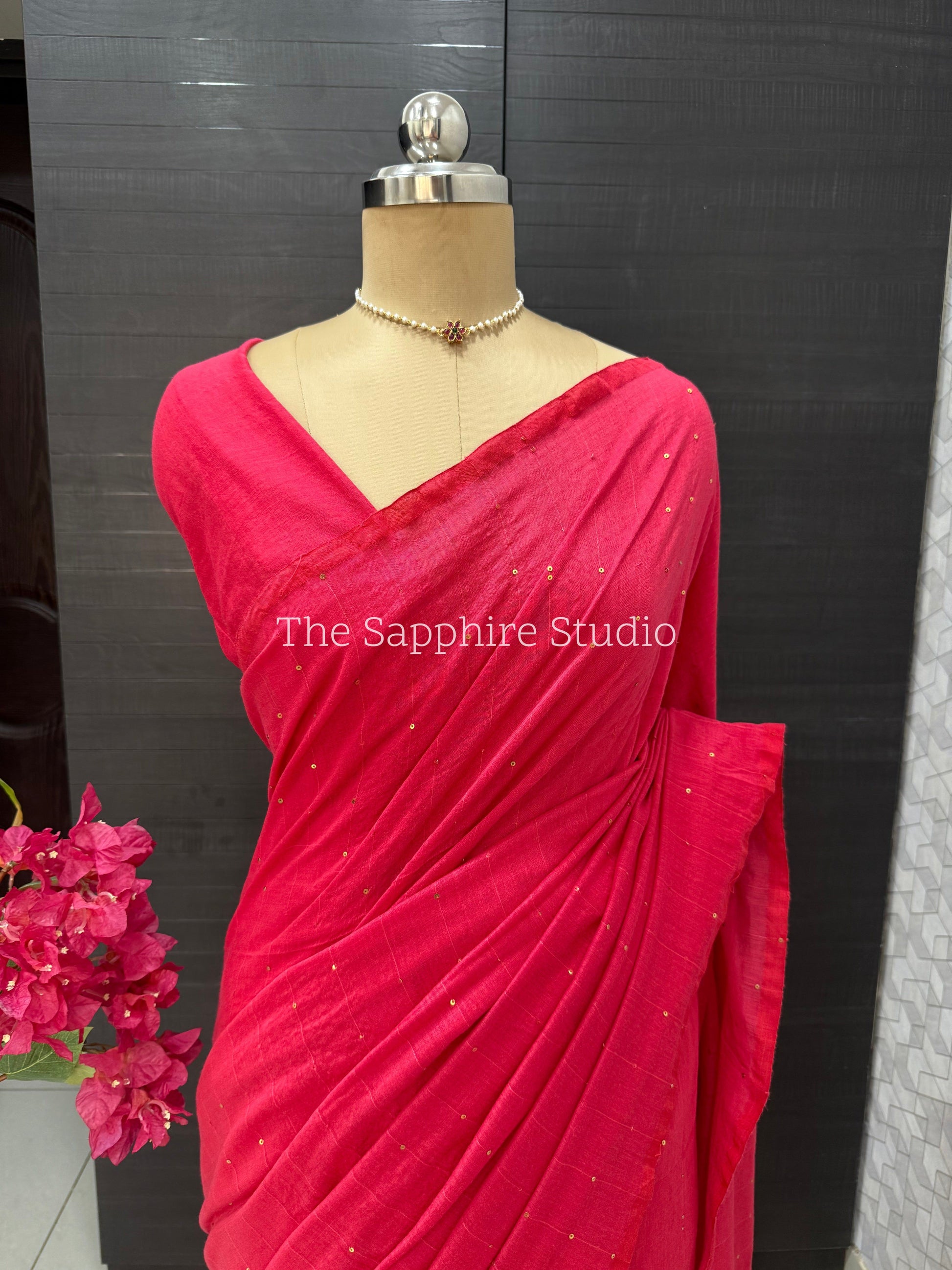 Delicate sequin work light pink mul cotton saree with ready made blouse