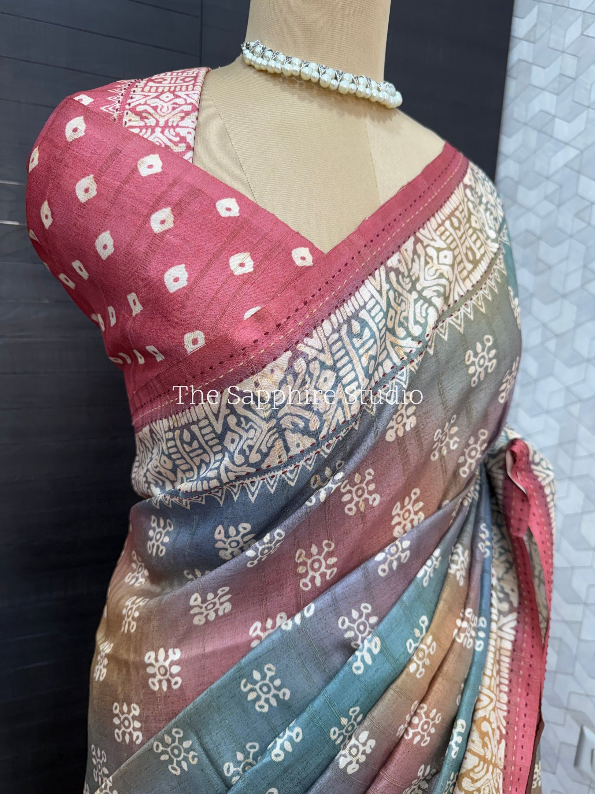 Rose Clay Tussar Saree with Deep Pink Contrast Blouse
