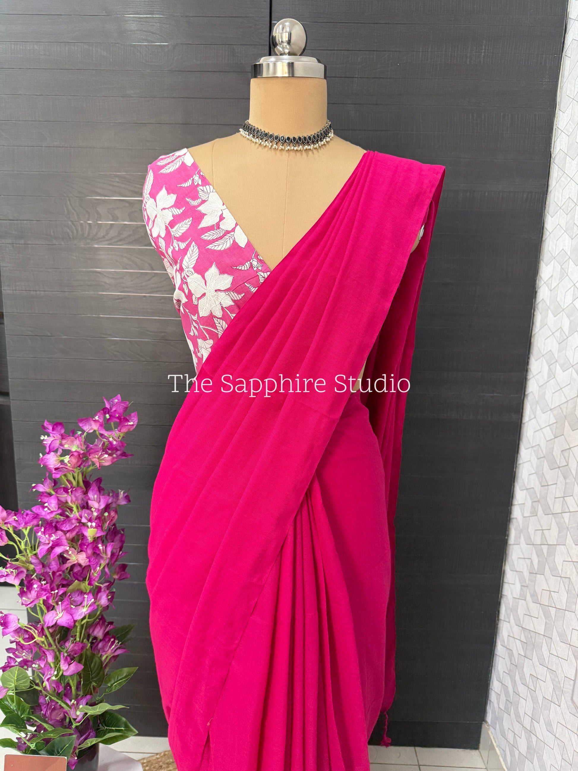 Hot Pink Khadi cotton saree with Floral Contrast Blouse