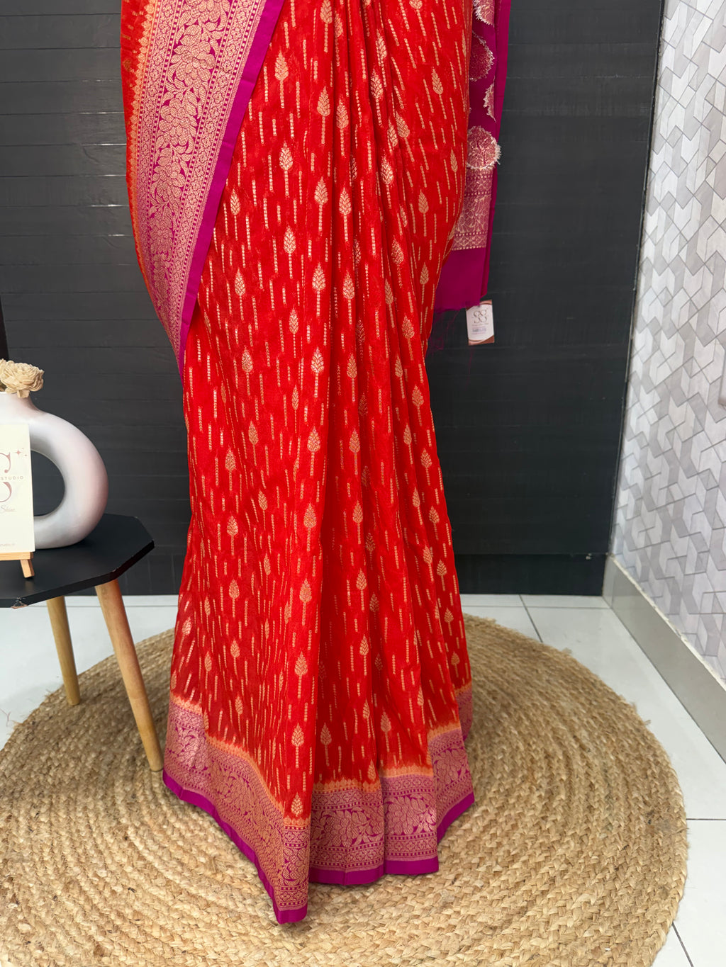 Semi Banarasi Georgette Orange and Contrast Pink Saree