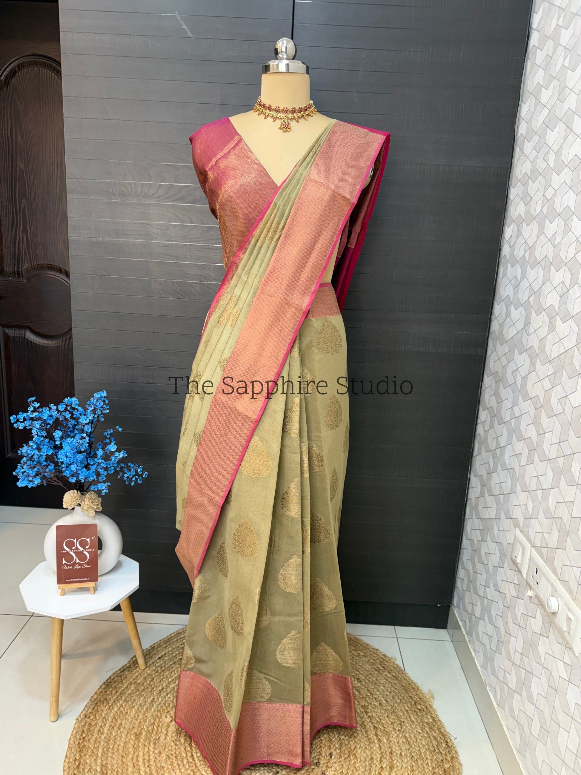 Cotton Silk Saree - Olive Green Cotton Silk Saree with Buta Work & Contrast Border