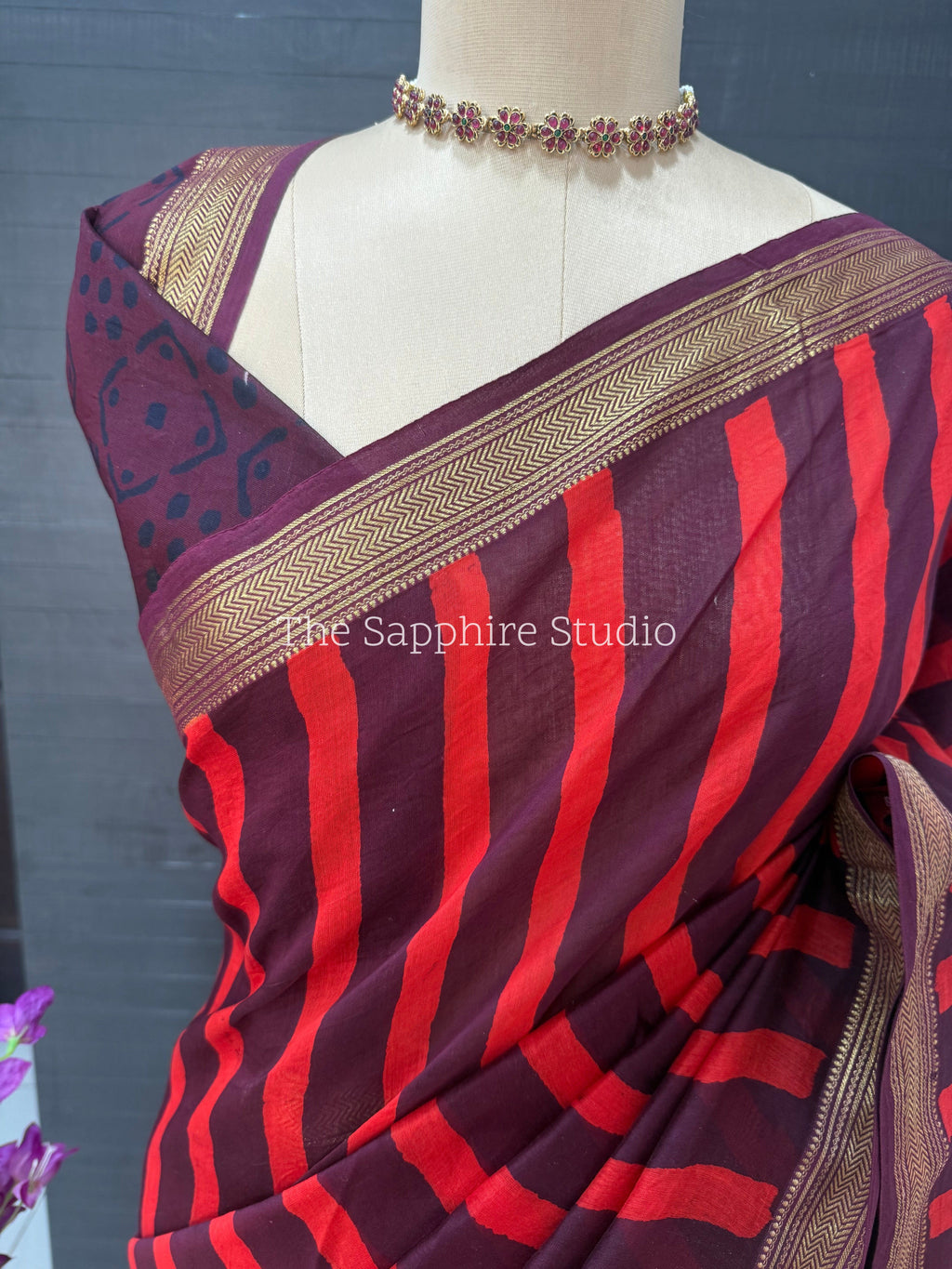 Maheshwari Silk Saree – Maroon with Red Stripes & Golden Border