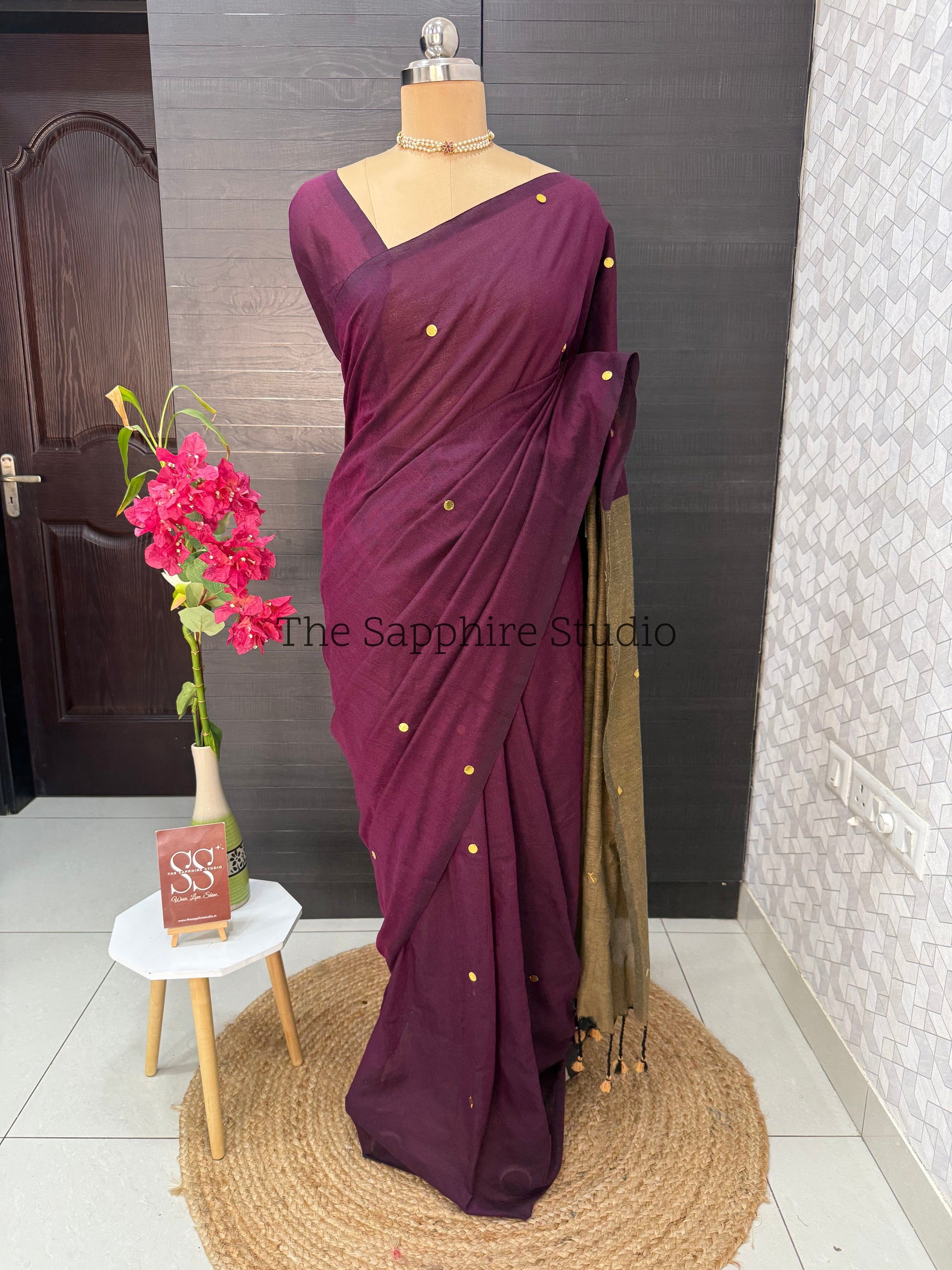 Wine Purple & Mustard Khadi Cotton Saree