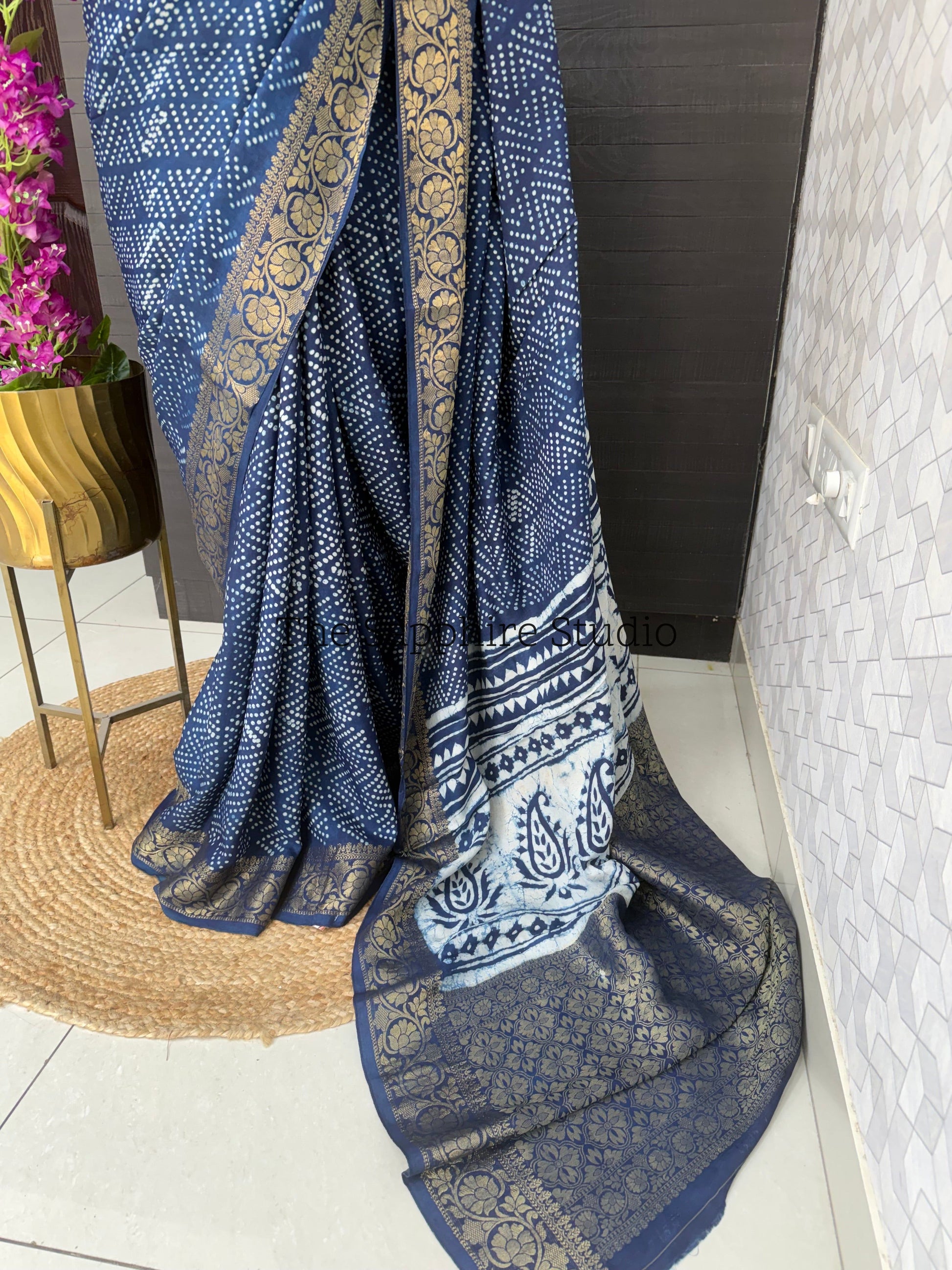 Indigo Dola Silk Saree with Round Floral Dabbu Print