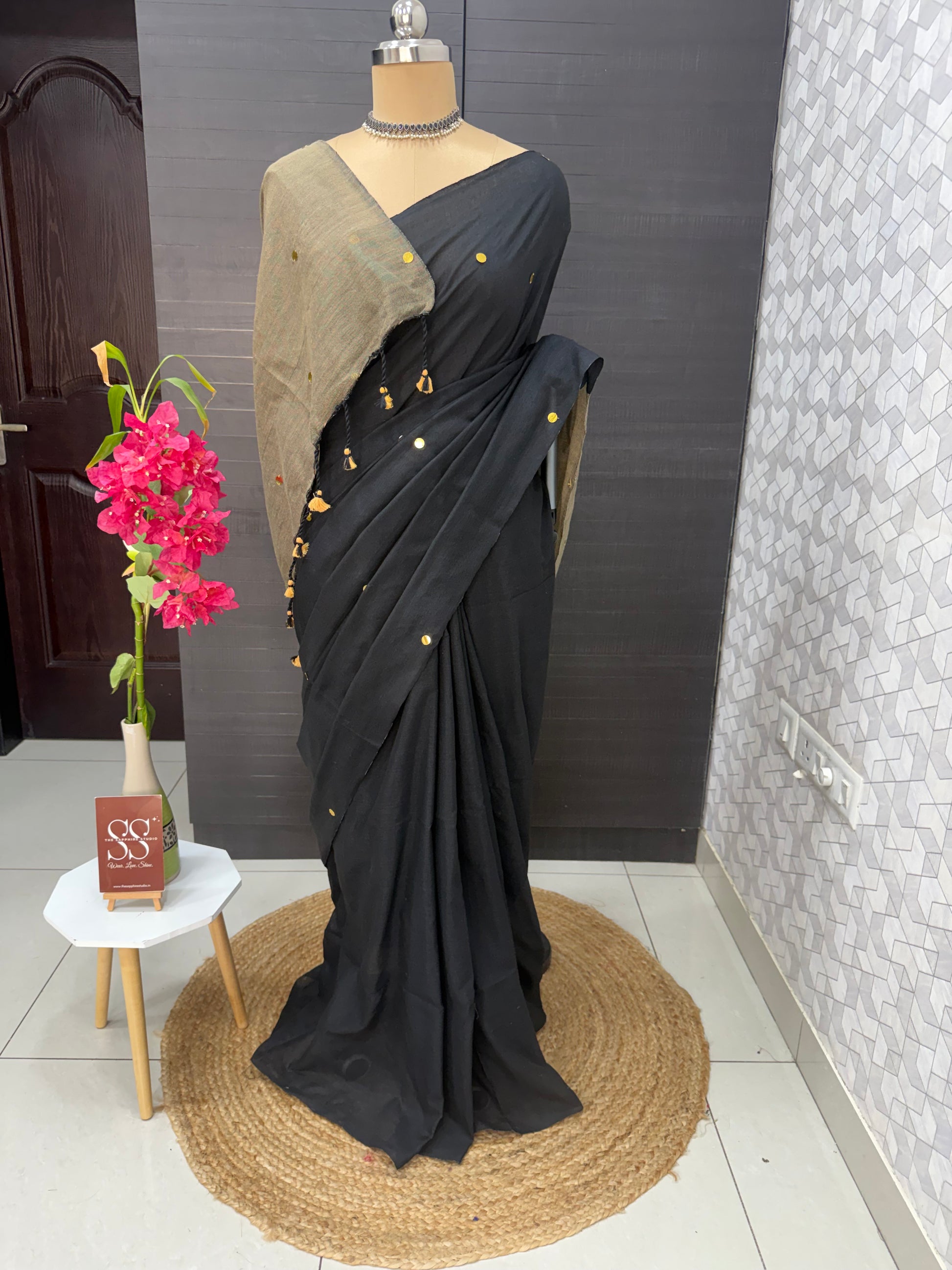 Black & Beige Khadi Cotton Saree