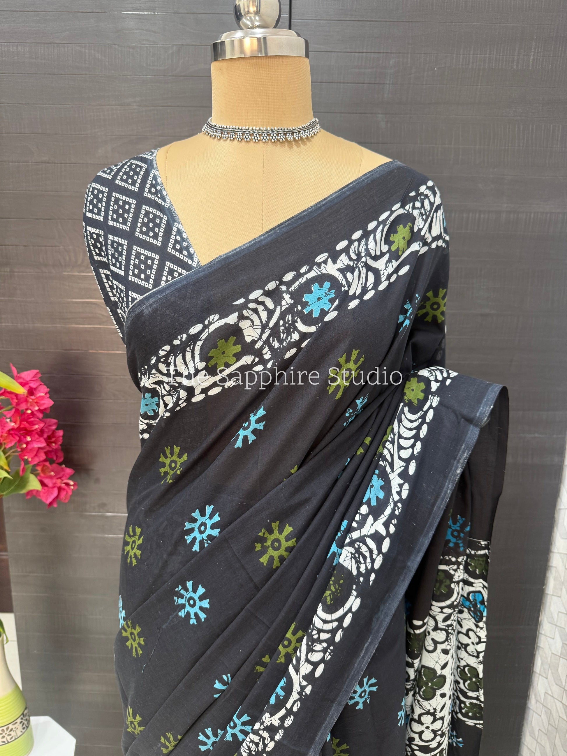 Navy Blue Mul Cotton Saree with Readymade Blouse