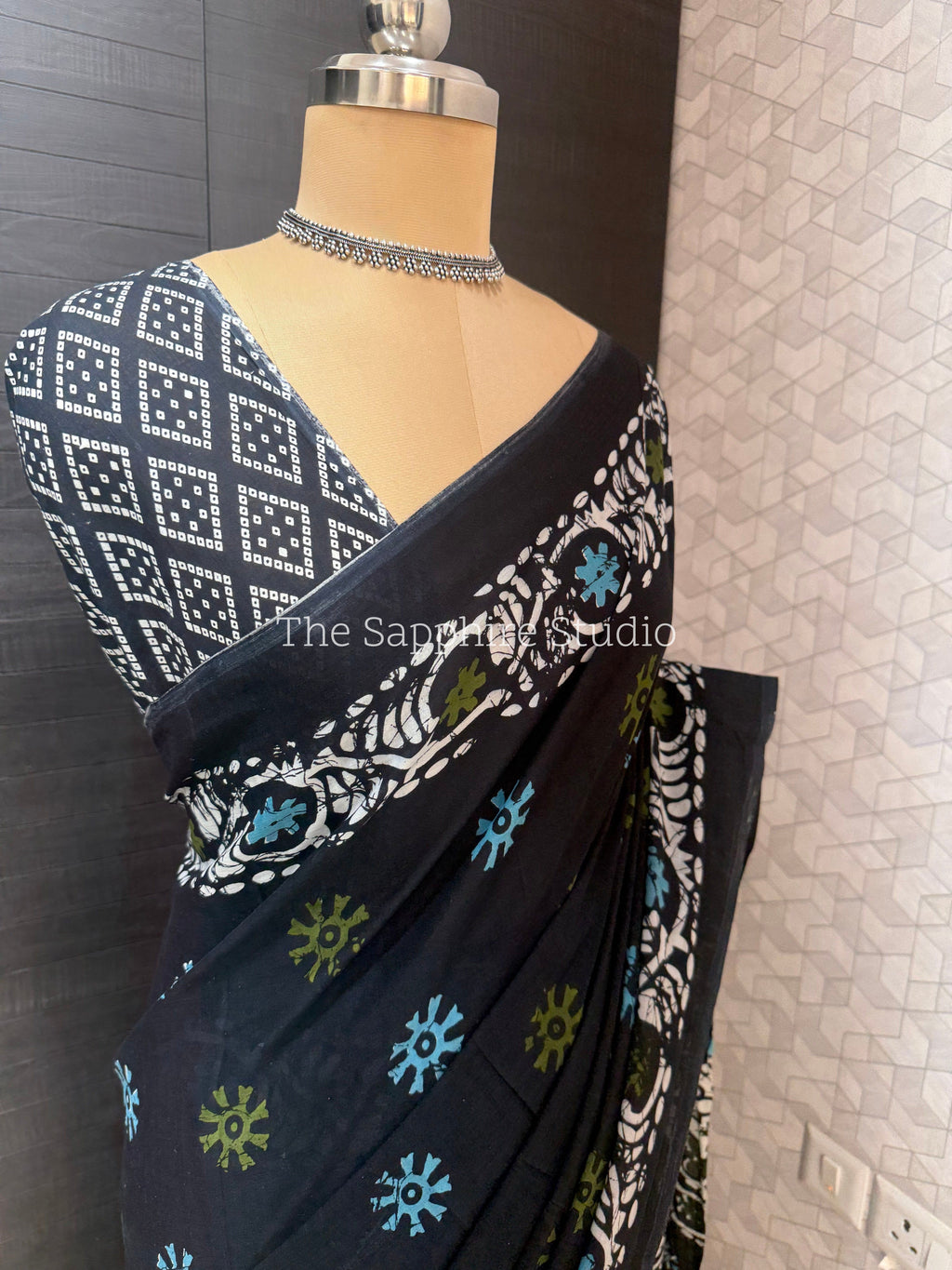 Navy Blue Mul Cotton Saree with Readymade Blouse
