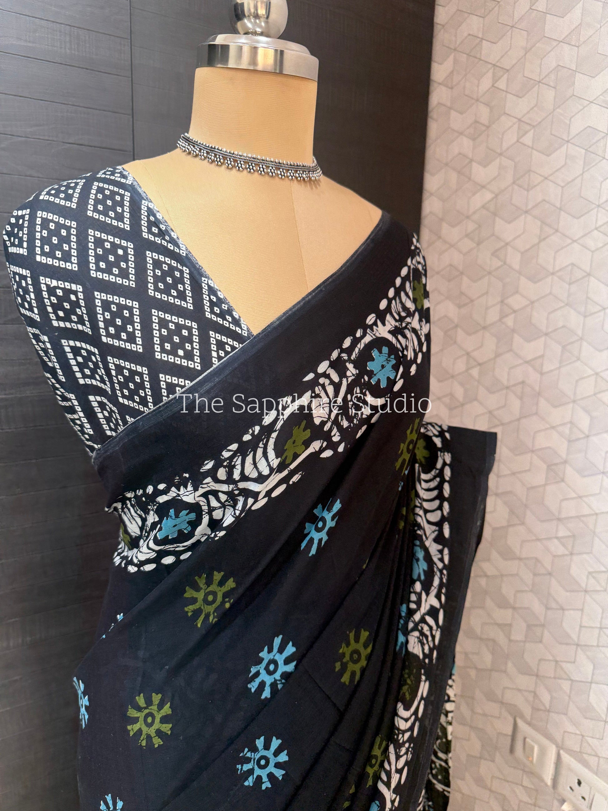 Navy Blue Mul Cotton Saree with Readymade Blouse