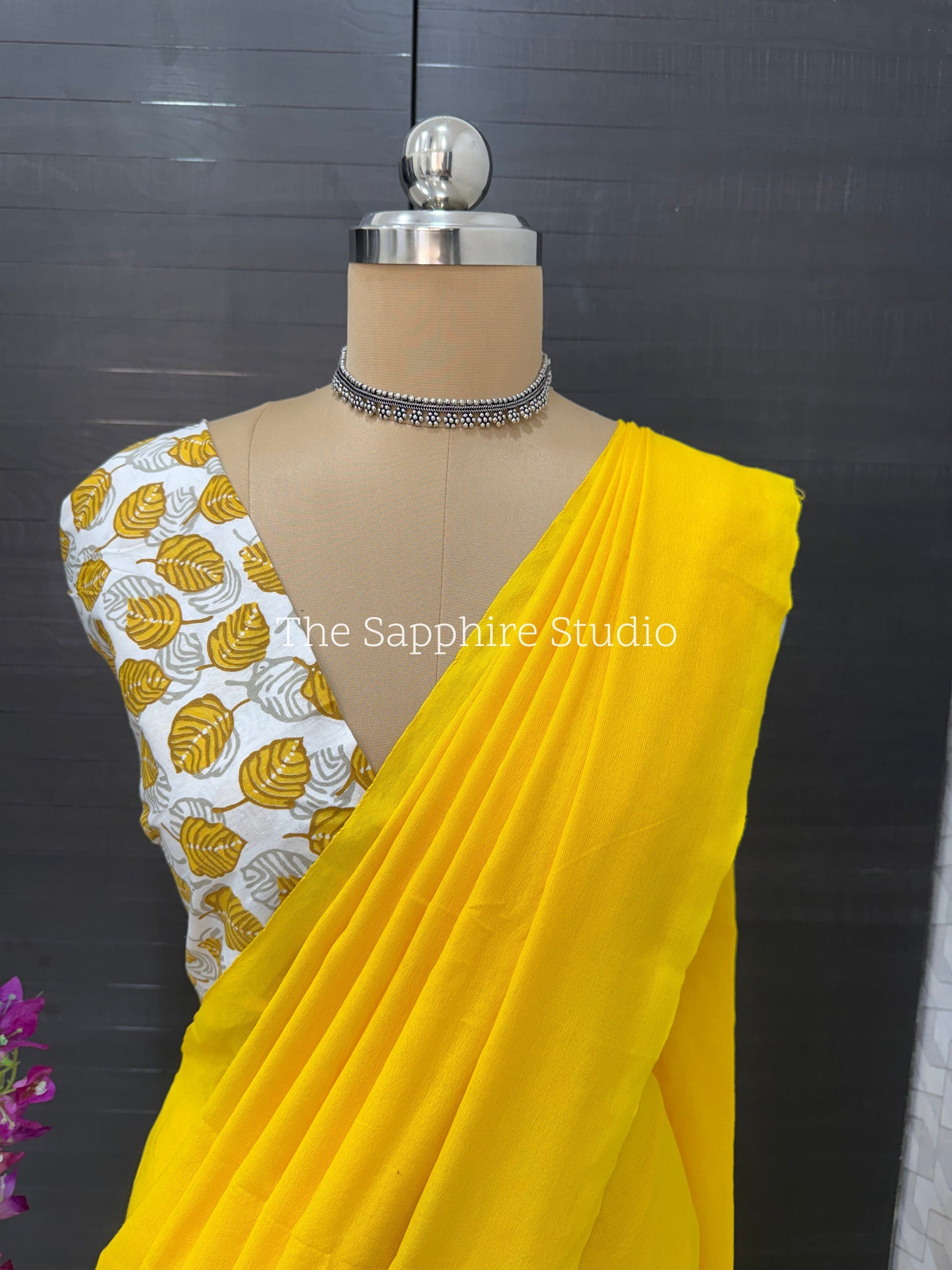 Mustard Yellow khadi cotton saree with Butta Contrast Blouse