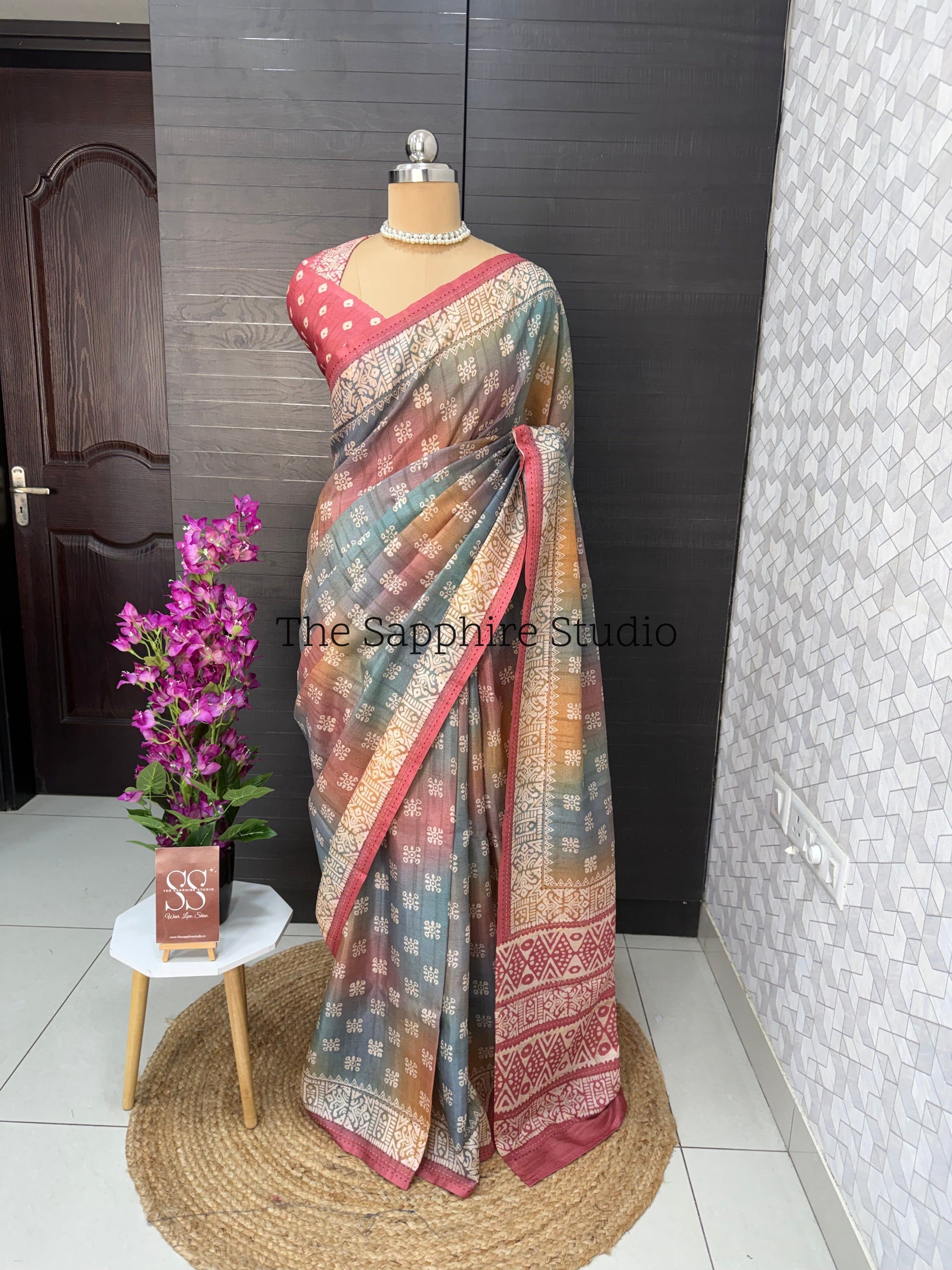 Rose Clay Tussar Saree with Deep Pink Contrast Blouse