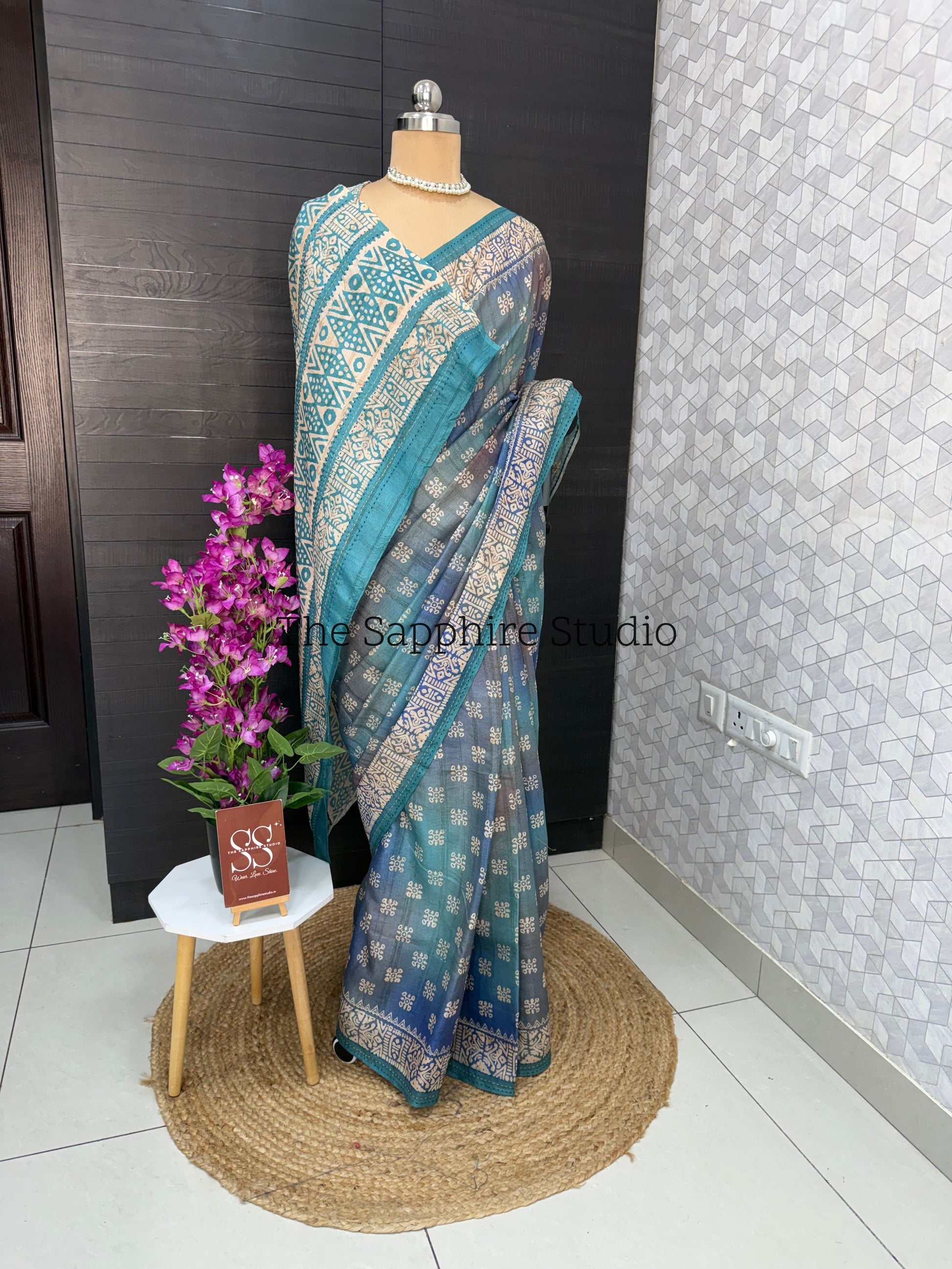 Teal Mist Tussar Saree with Sea Green Contrast Blouse