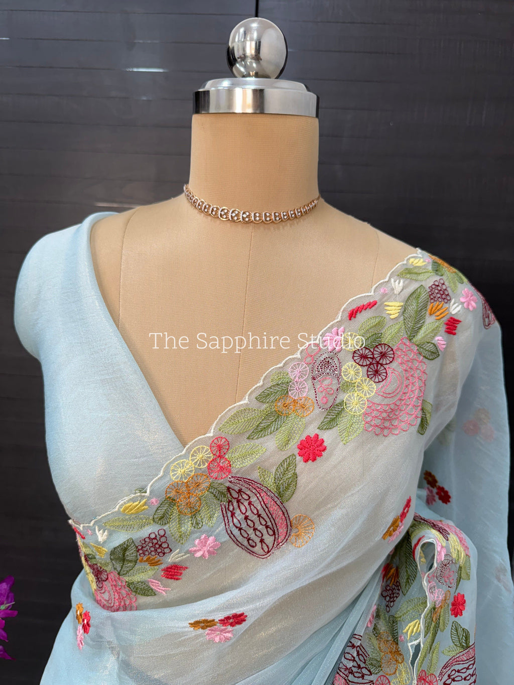 Sky Bloom Hand-Embroidered Organza Saree