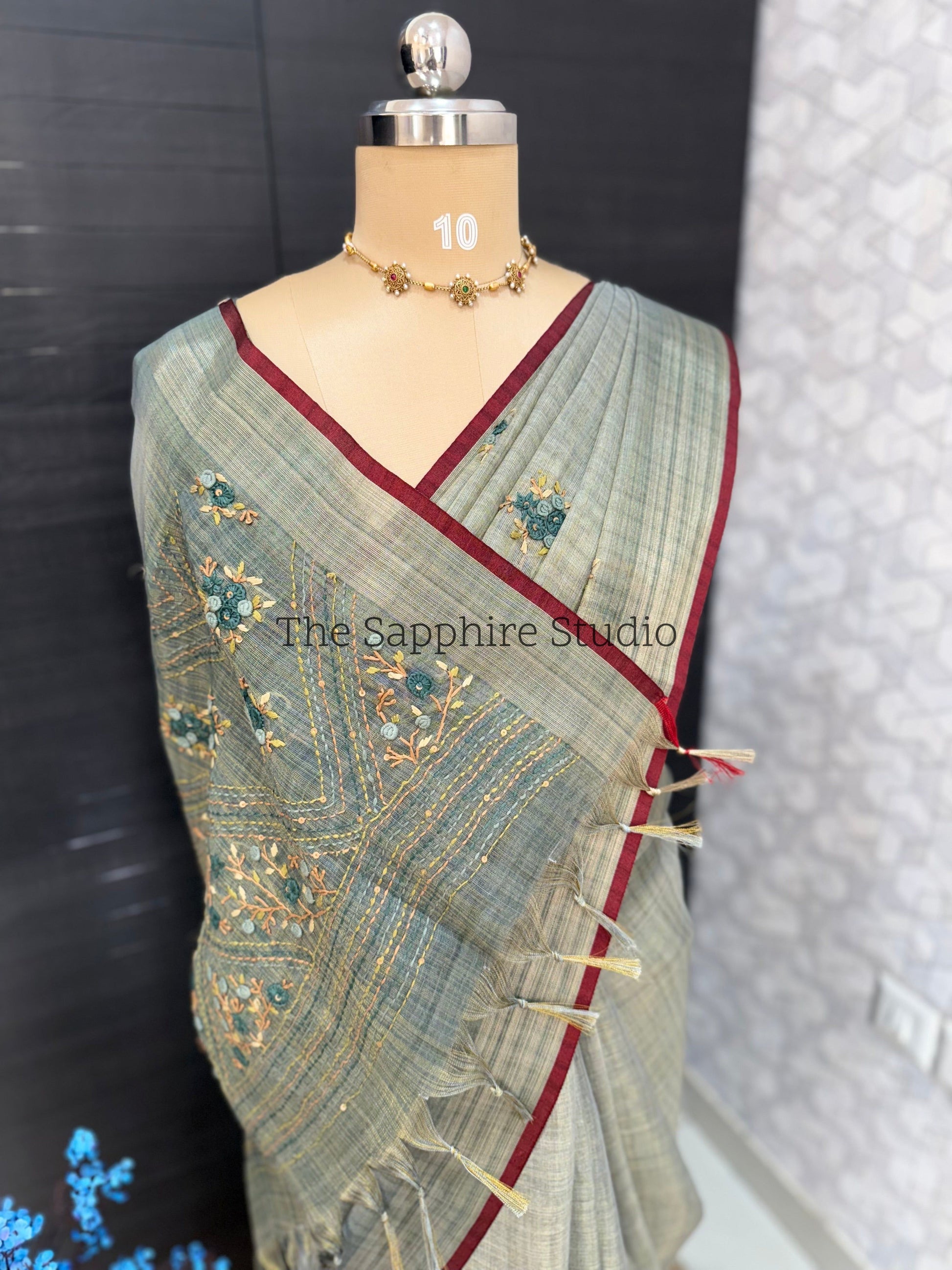 Tissue linen embroidery work saree