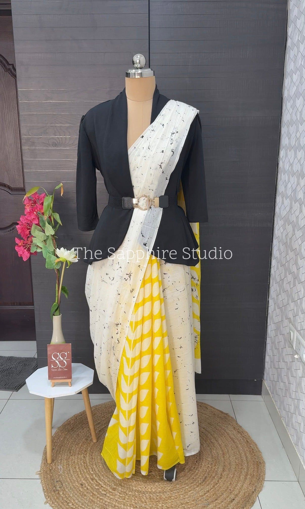 Yellow & White Mul Cotton Saree with Readymade Blouse
