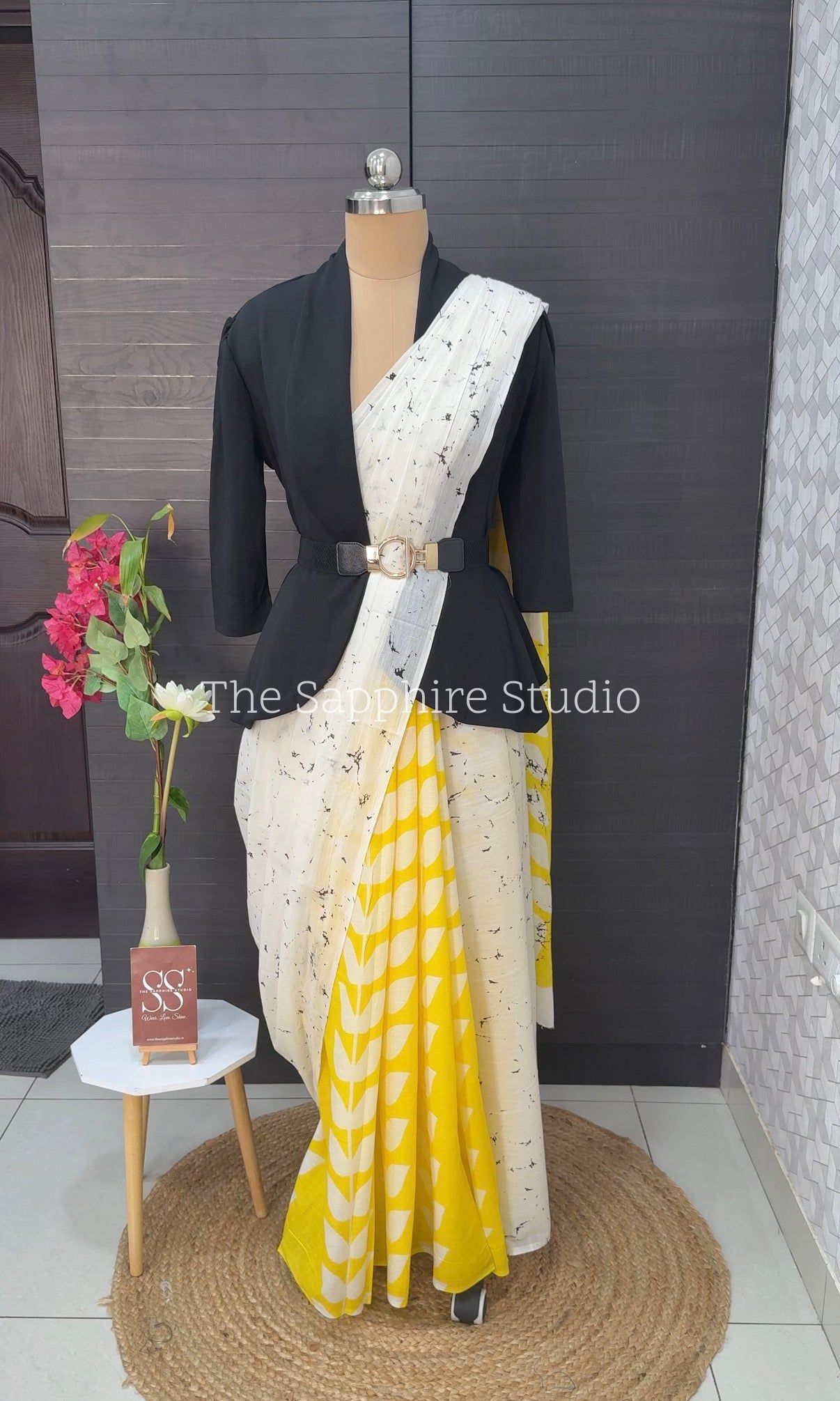 Yellow & White Mul Cotton Saree with Readymade Blouse