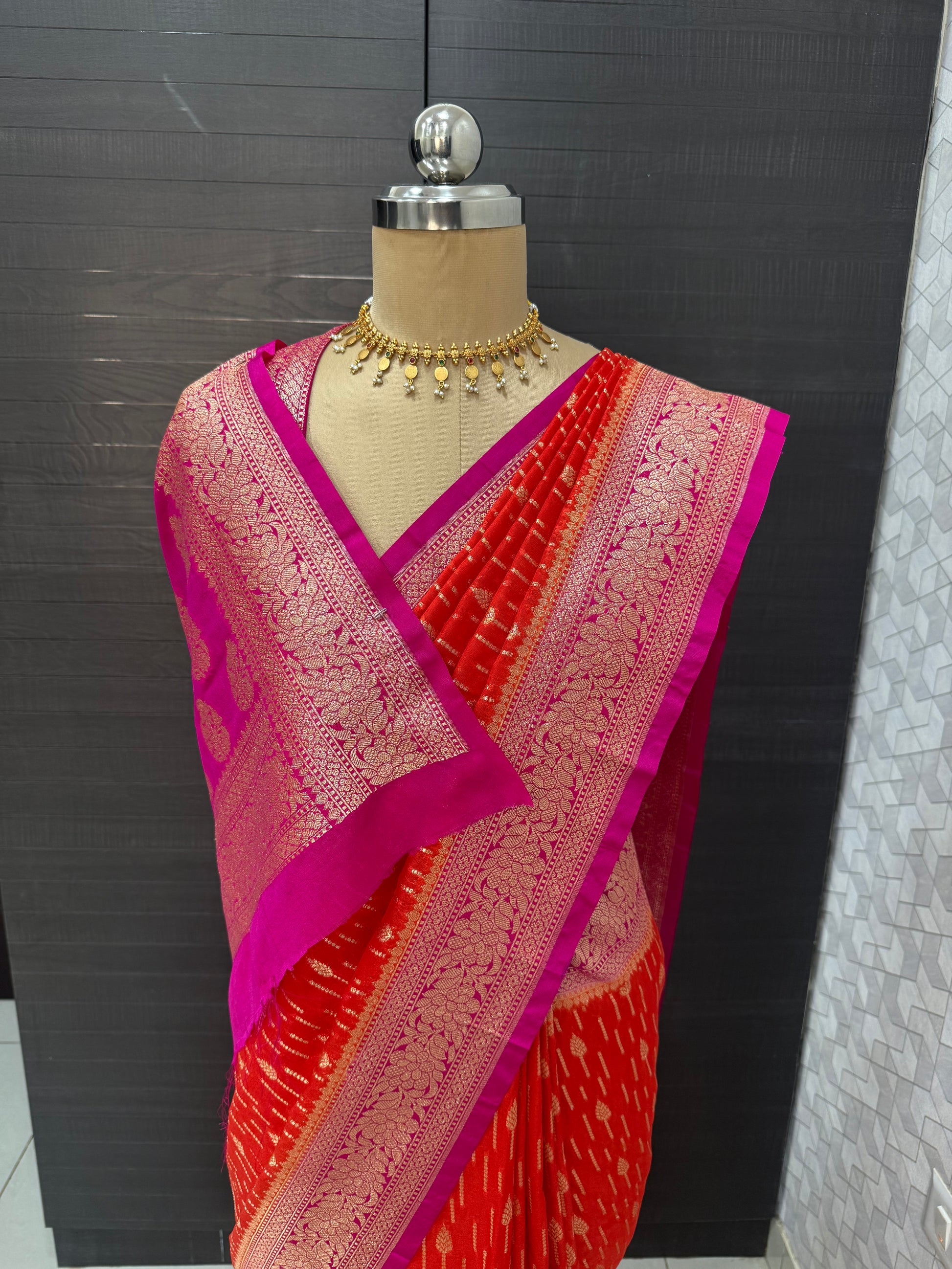 Semi Banarasi Georgette Orange and Contrast Pink Saree