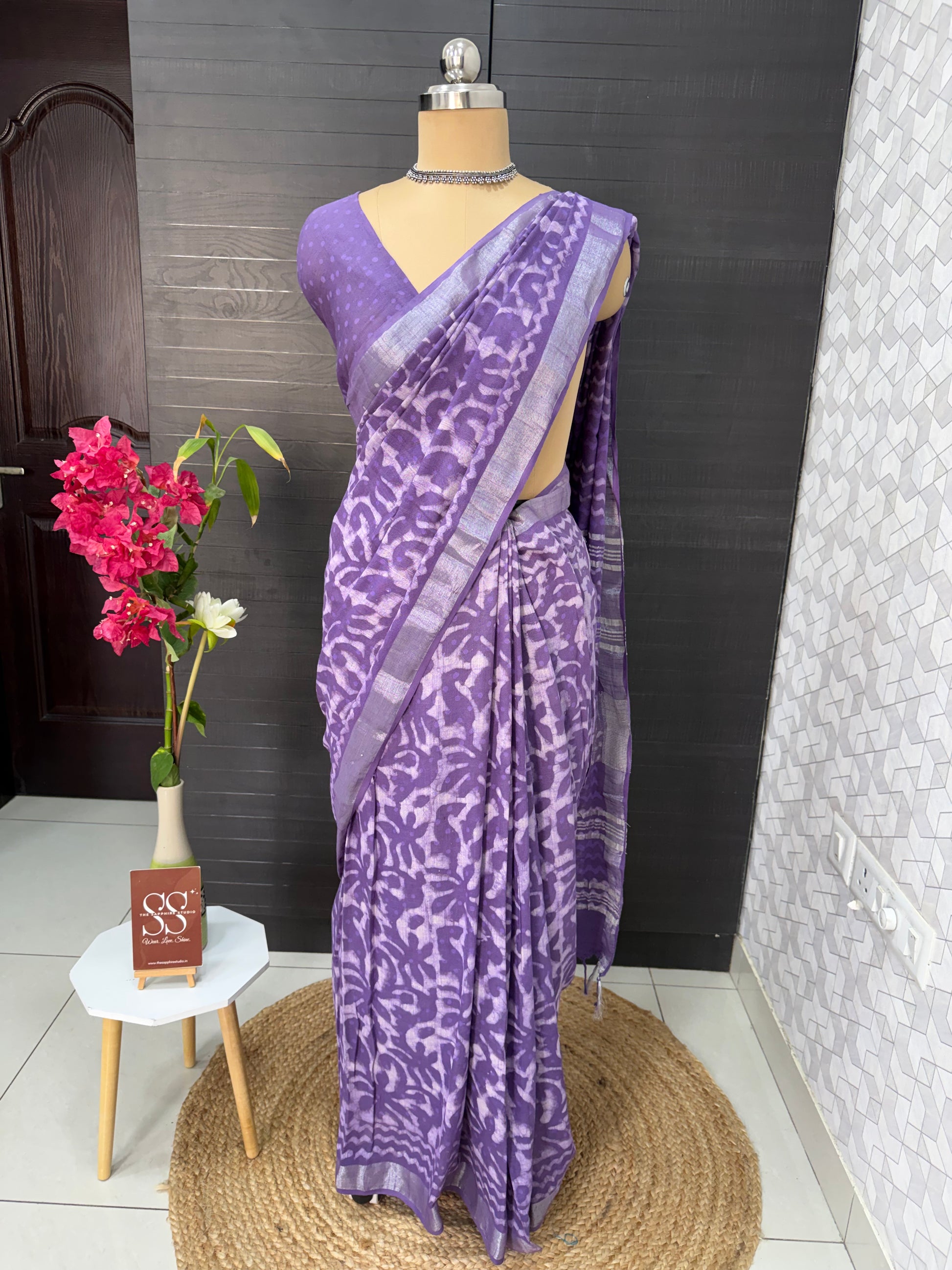 Purple Linen Bagru Saree with Running Blouse
