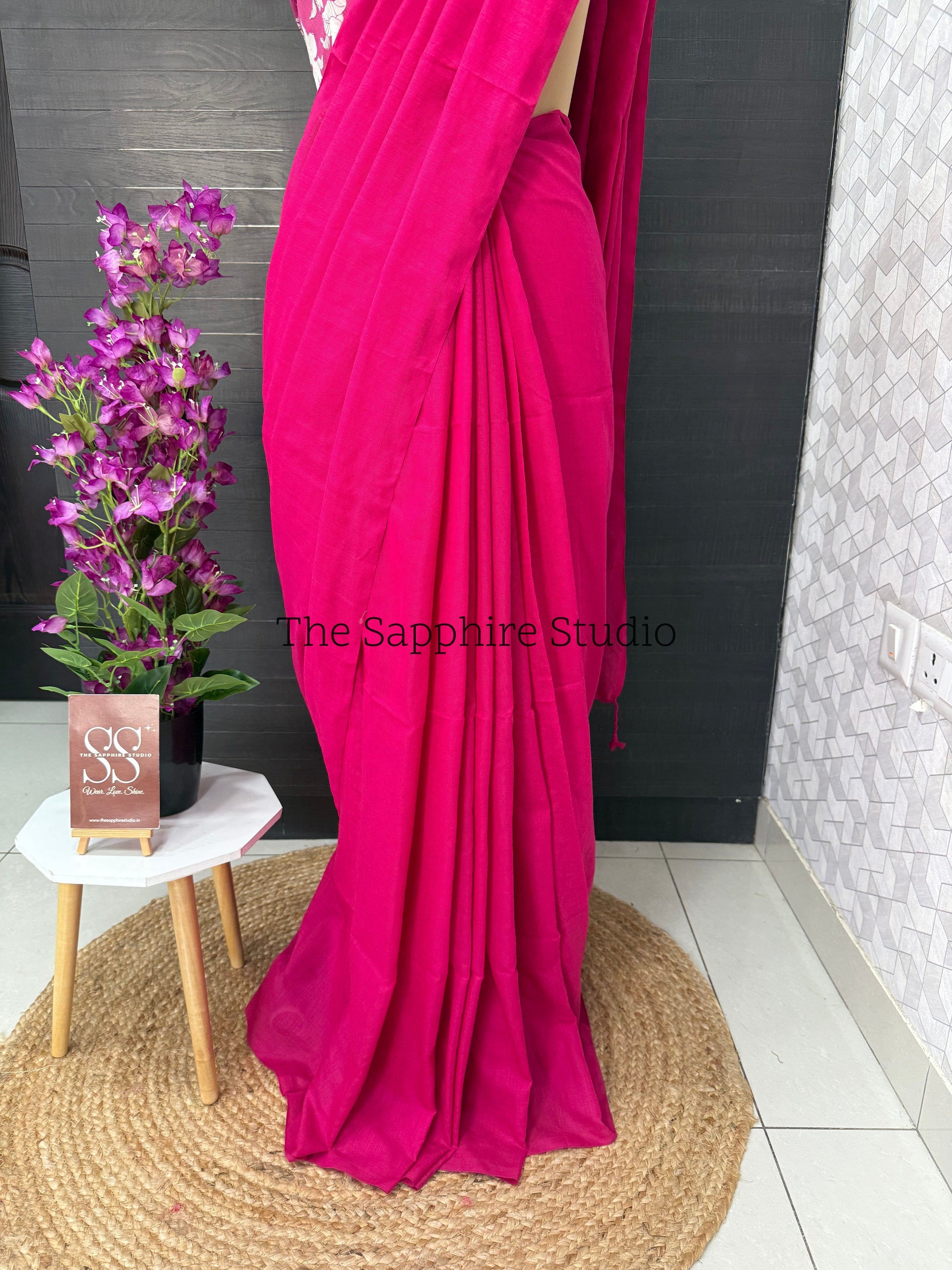 Hot Pink Khadi cotton saree with Floral Contrast Blouse
