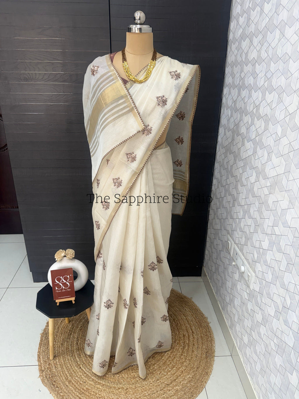 Onam/ Vishu Tissue Saree with Embroidery - Floral - Brown (Comes with contrast brown blouse)