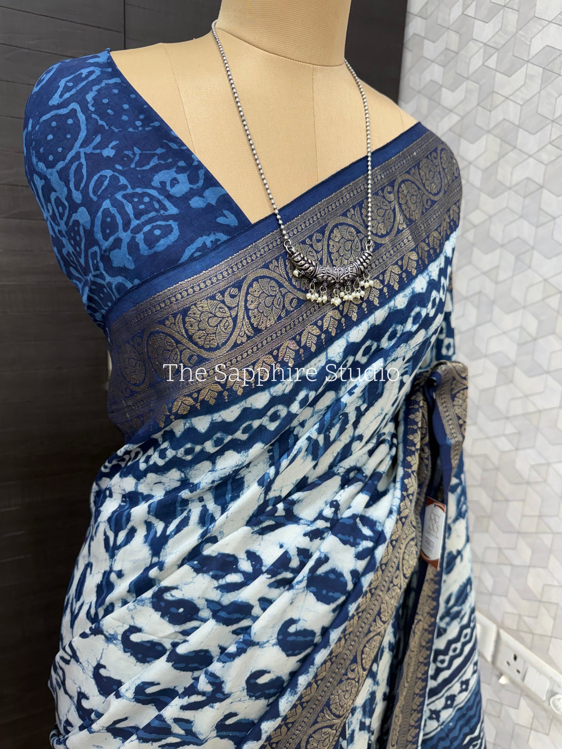 Indigo Dola Silk Saree with Leaf Motif Dabbu Print
