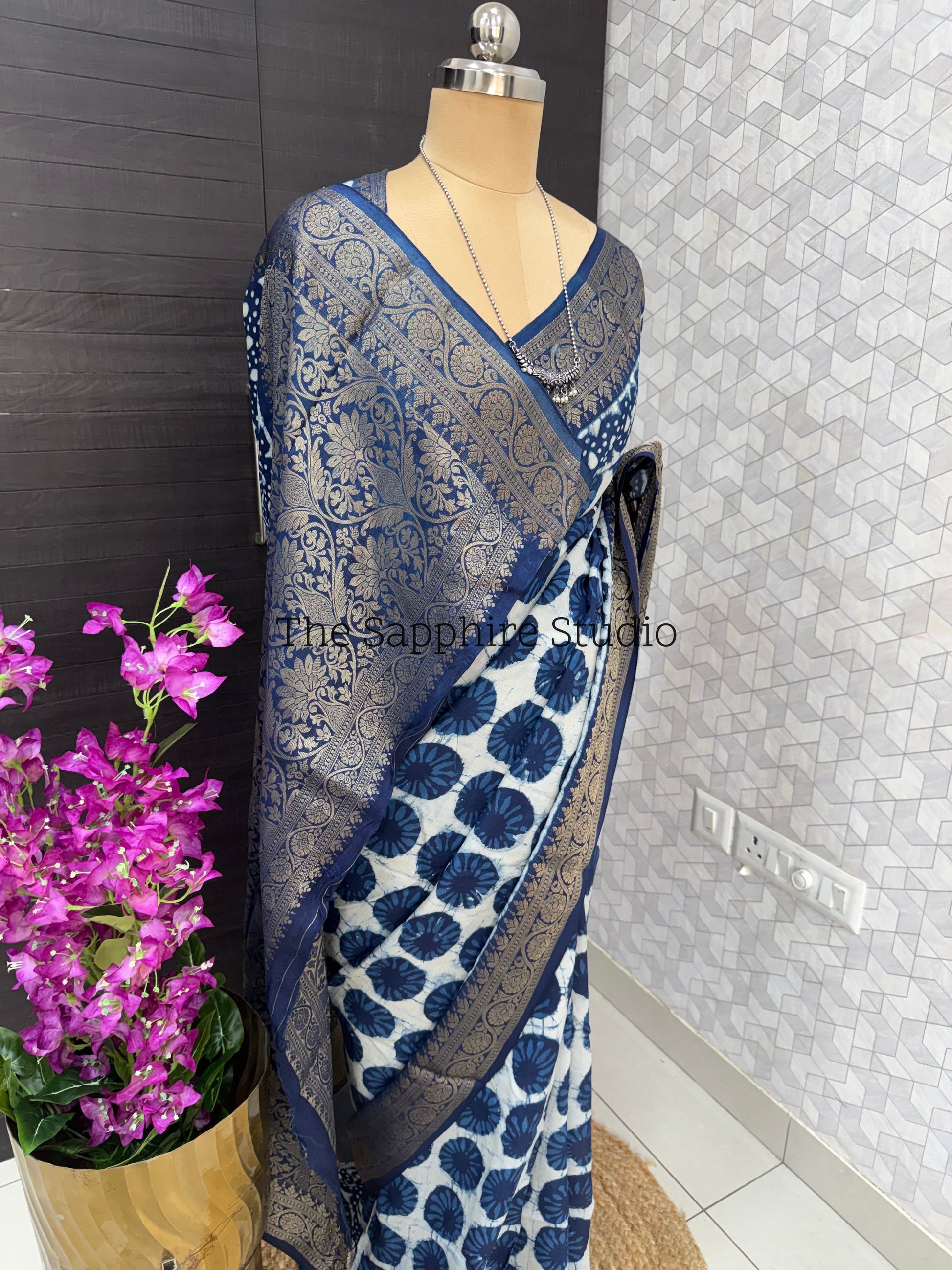 Indigo Dola Silk Saree with Geometric Dabbu Design