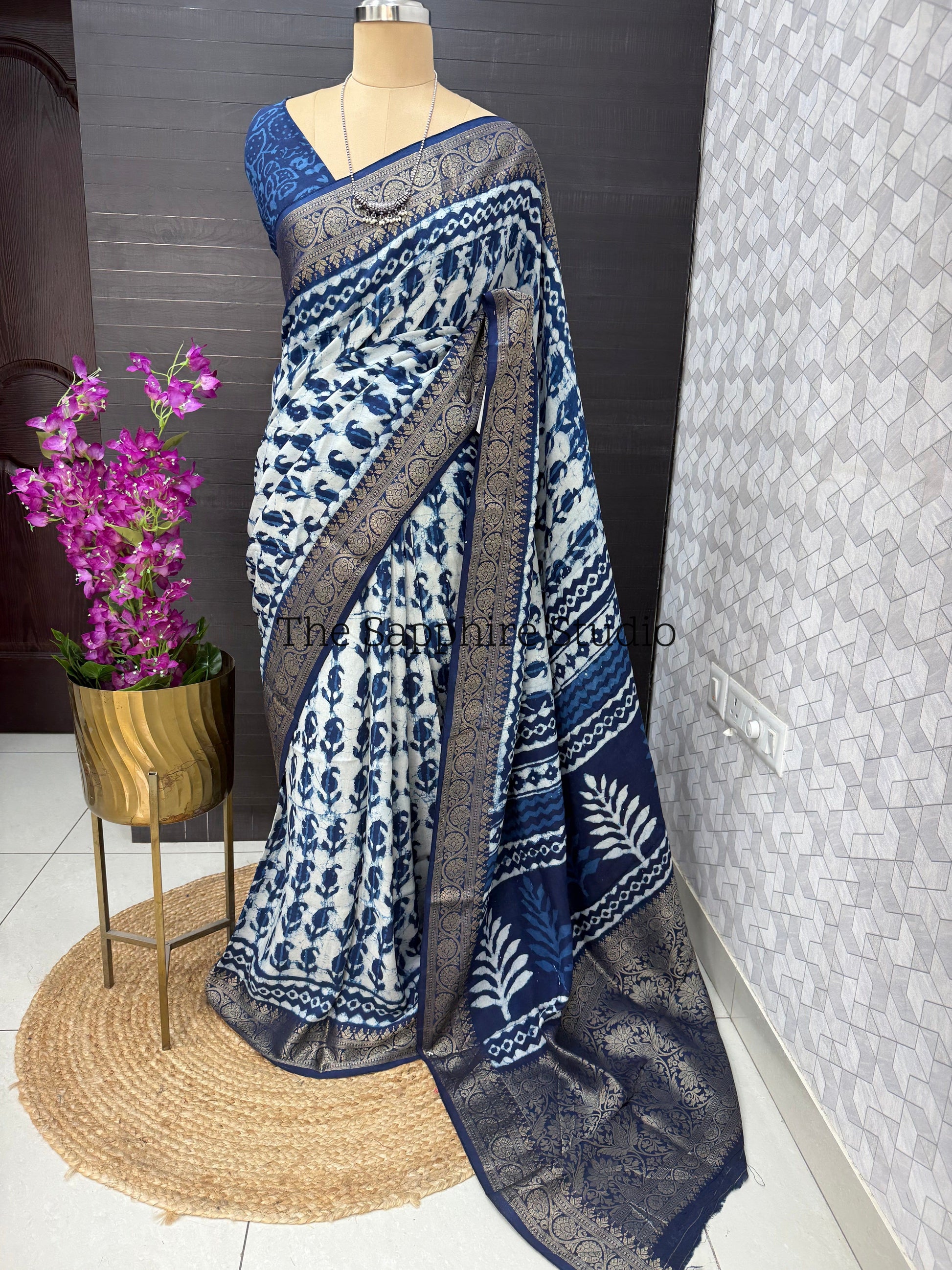 indigo silk saree with Dabbu print and zari border, indigo office wear saree for women, lightweight festive saree for pooja and daily wear