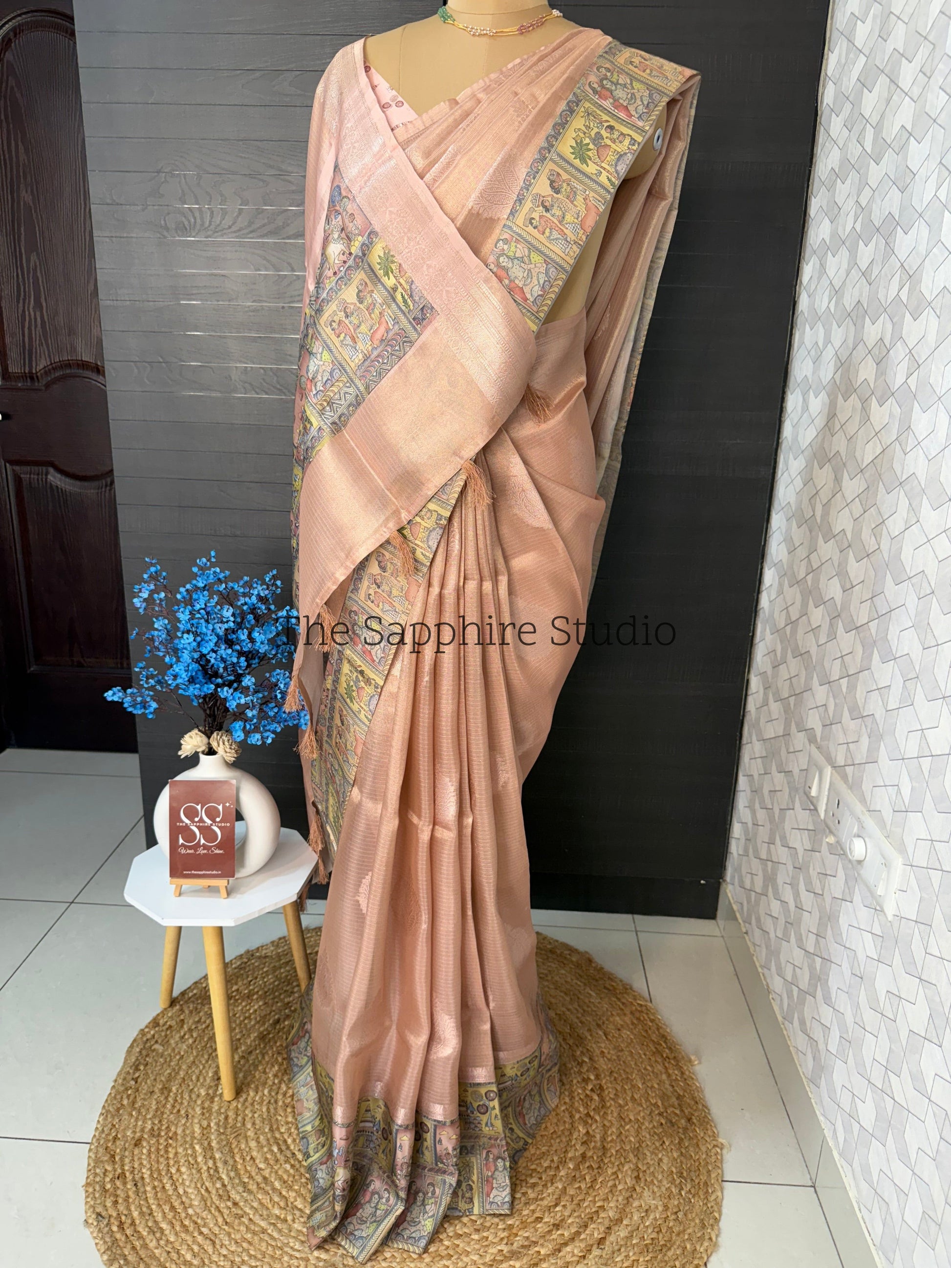 Blush Heritage Print Border Tissue saree