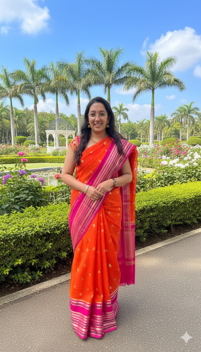 Pink and Orange Banarasi Chiniya Silk Saree with Zari Border