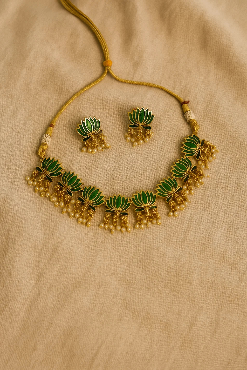 Green Lotus Pearl Necklace Set | Traditional Temple Jewelry