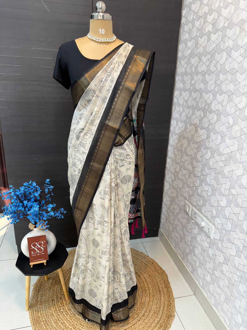 Black and White Kalamkari Print Saree