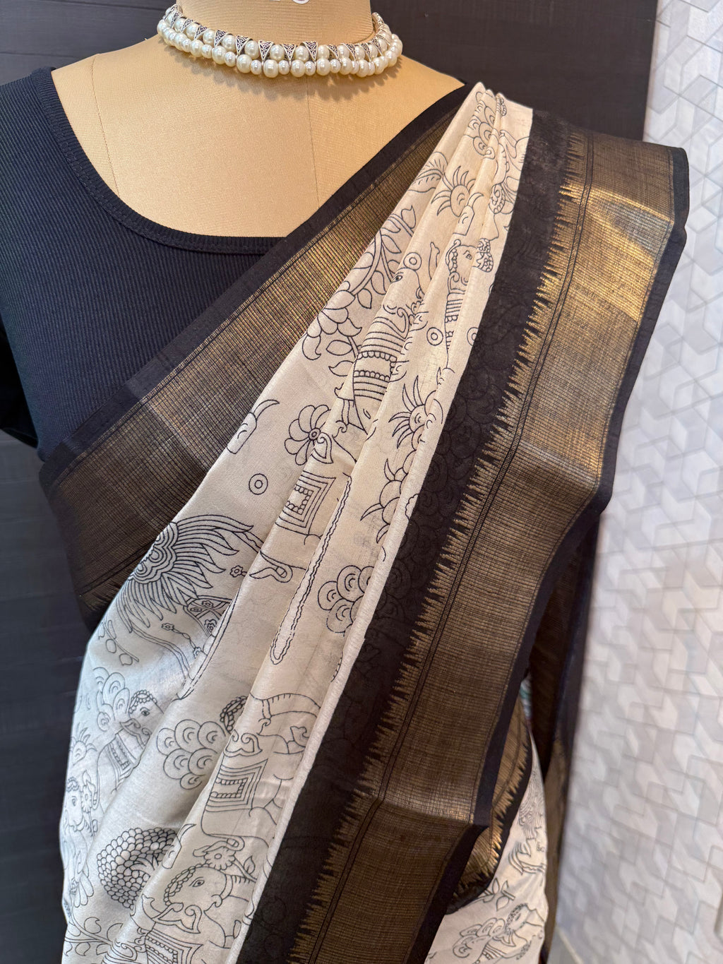 Black and White Kalamkari Print Saree