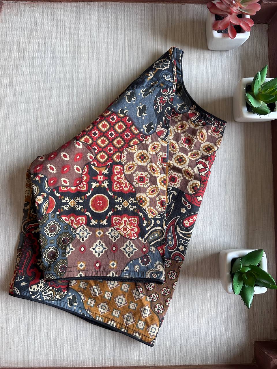 Multicolor Cotton Boat Neck Blouse with Patchwork Ajrakh Print (Front Hook, up to Size 42)