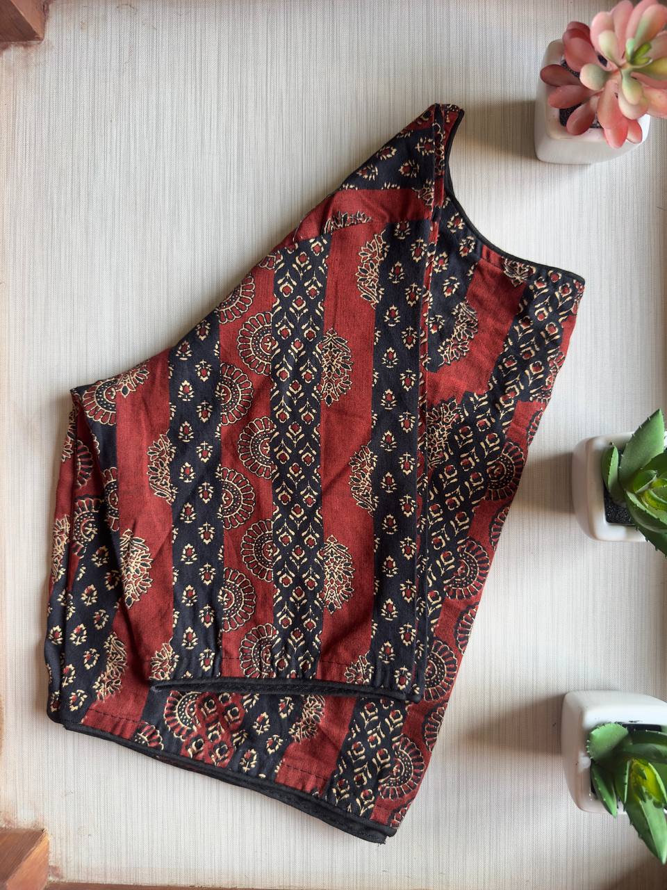 Maroon & Black Cotton Boat Neck Blouse with Floral Stripes (Front Hook)