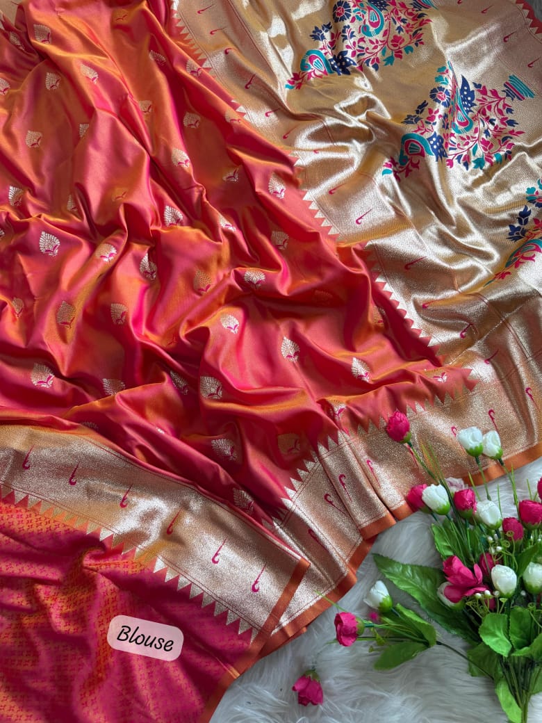 Rose Pink Paithani Saree with Muniya Border & Meena Pallu