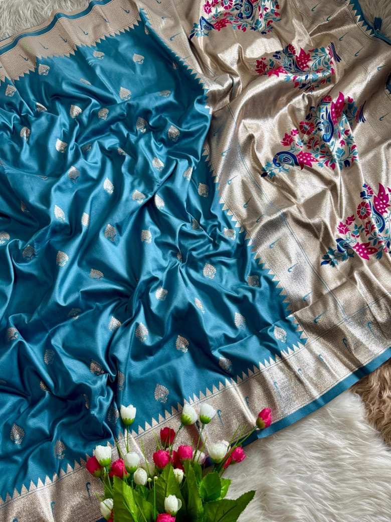 Teal Blue Paithani Saree with Muniya Border & Meena Pallu 🌸