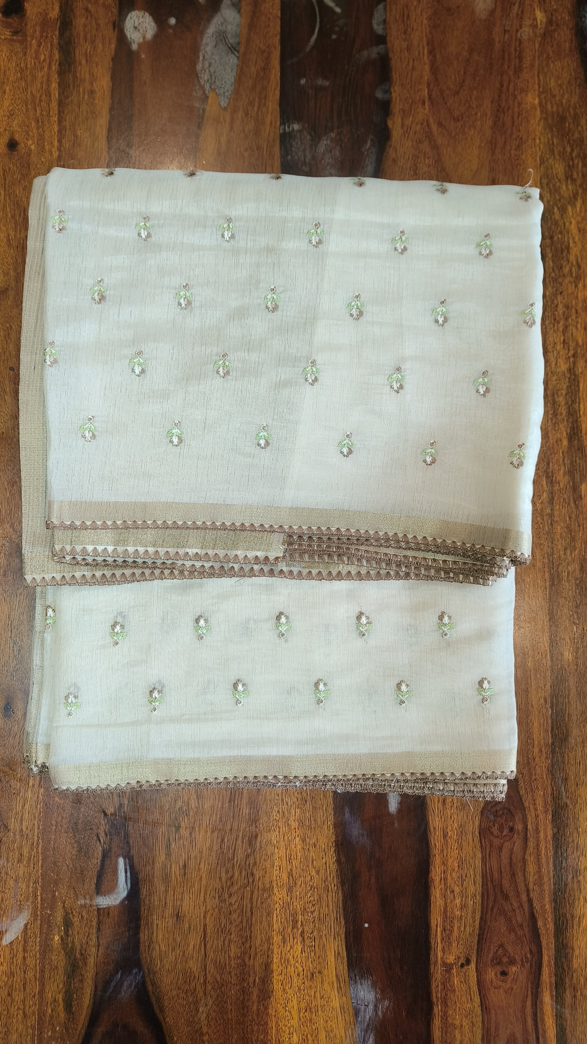 Onam Tissue Saree with Embroidery – Small Flower Work – Brown + Work Blouse