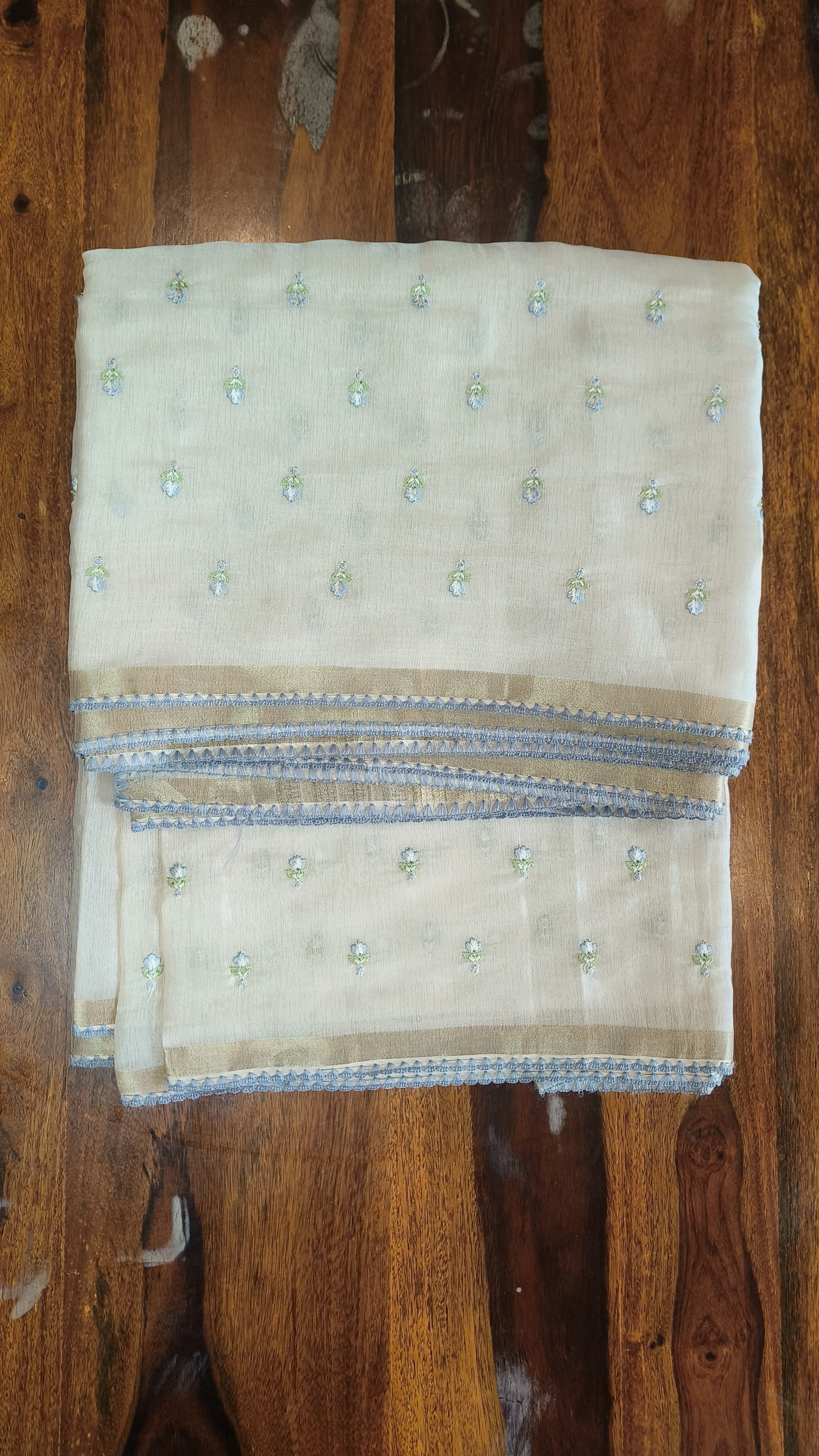 Onam Tissue Saree with Light Blue Work + Brocade Blouse