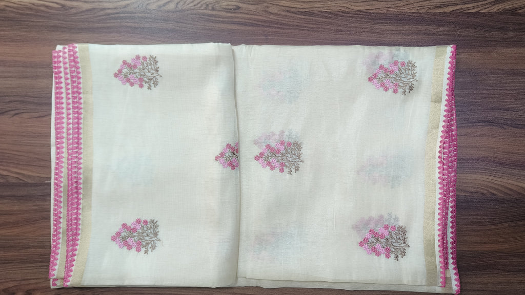 Onam Tissue Saree with Embroidery - Floral - Pink (Comes with running blouse)