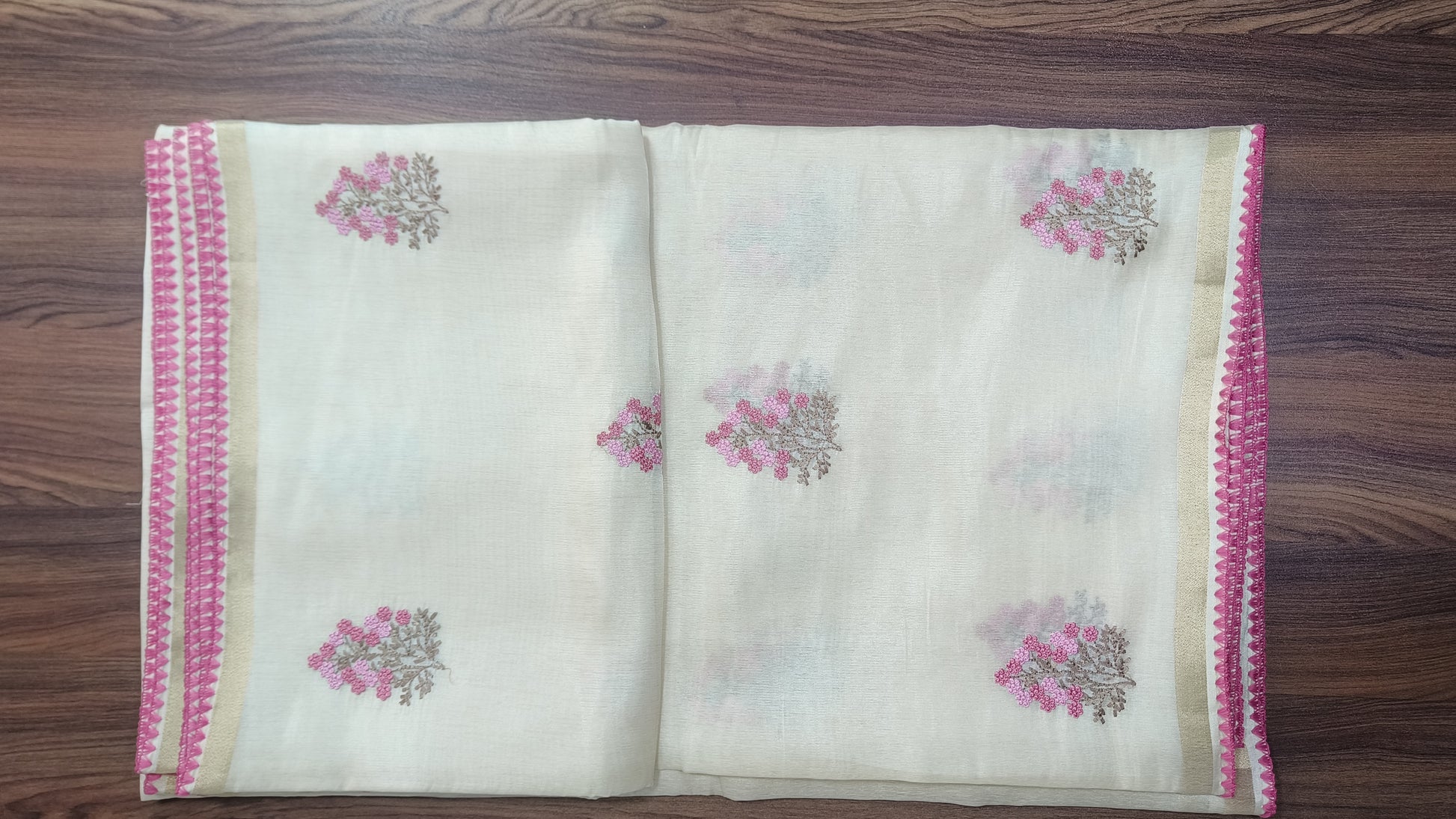 Onam Tissue Saree with Embroidery - Floral - Pink (Comes with running blouse)