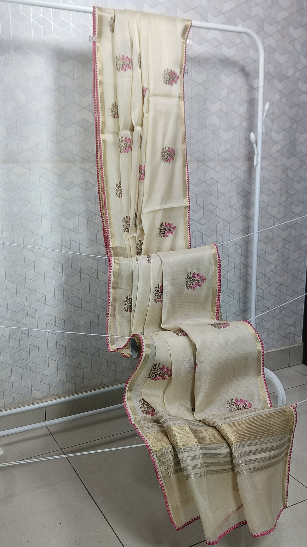Onam Tissue Saree with Pink Floral Embroidery & Pink Ready-Made Blouse