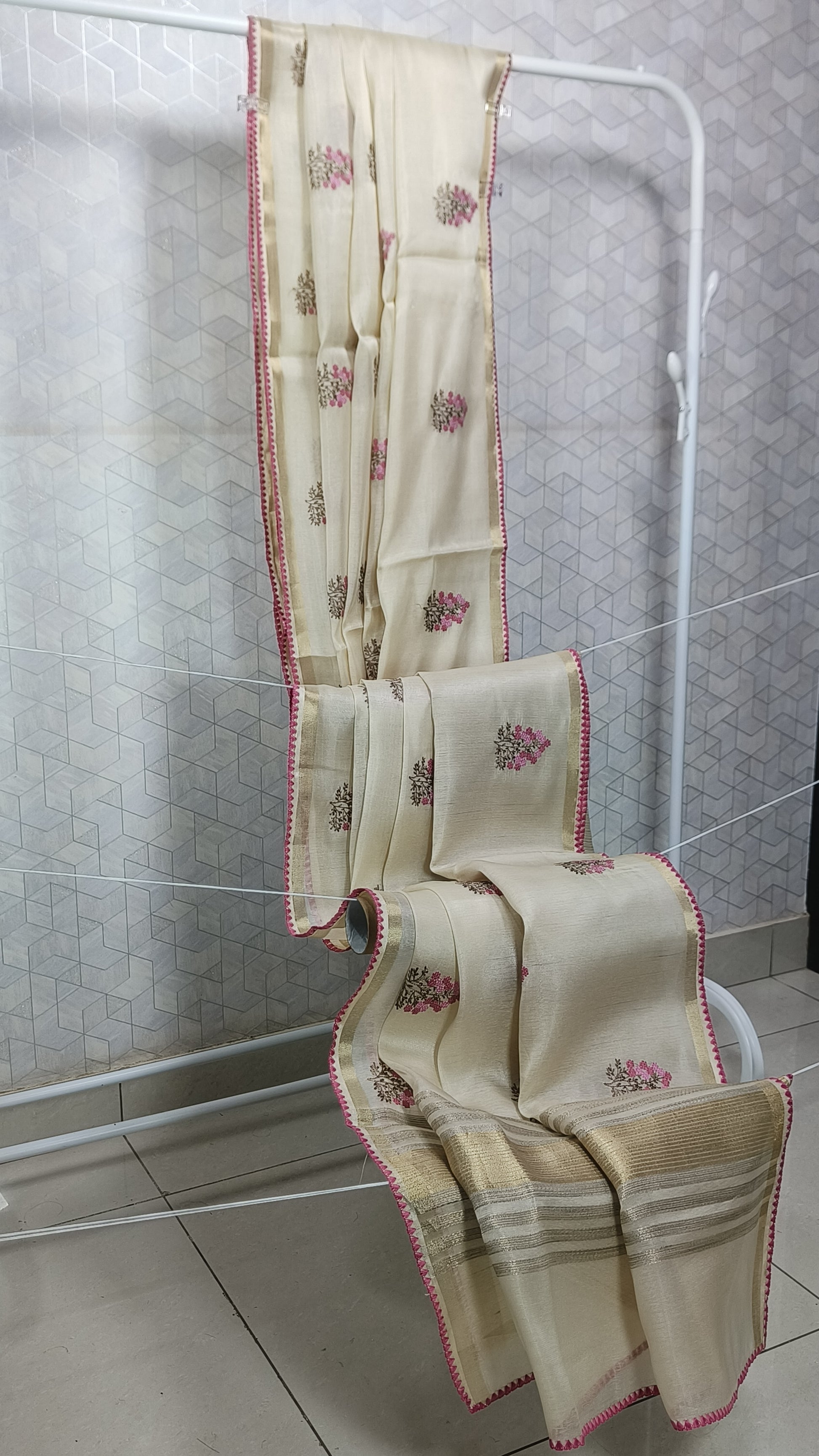Onam Tissue Saree with Pink Floral Embroidery & Pink Ready-Made Blouse