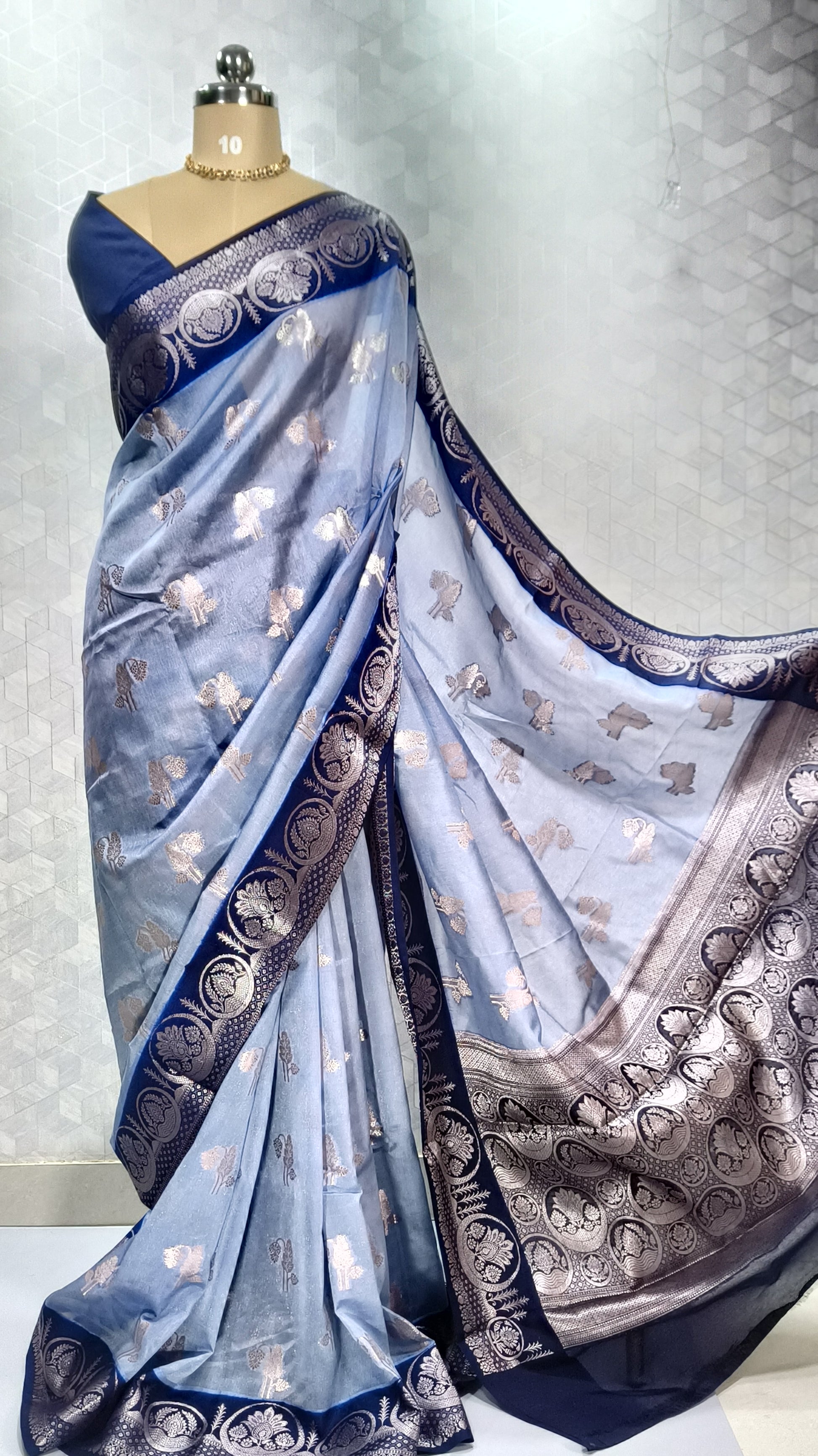 Styled Look: Sky Blue Banarasi Saree + Geometric Gold-Toned Jewelry Set