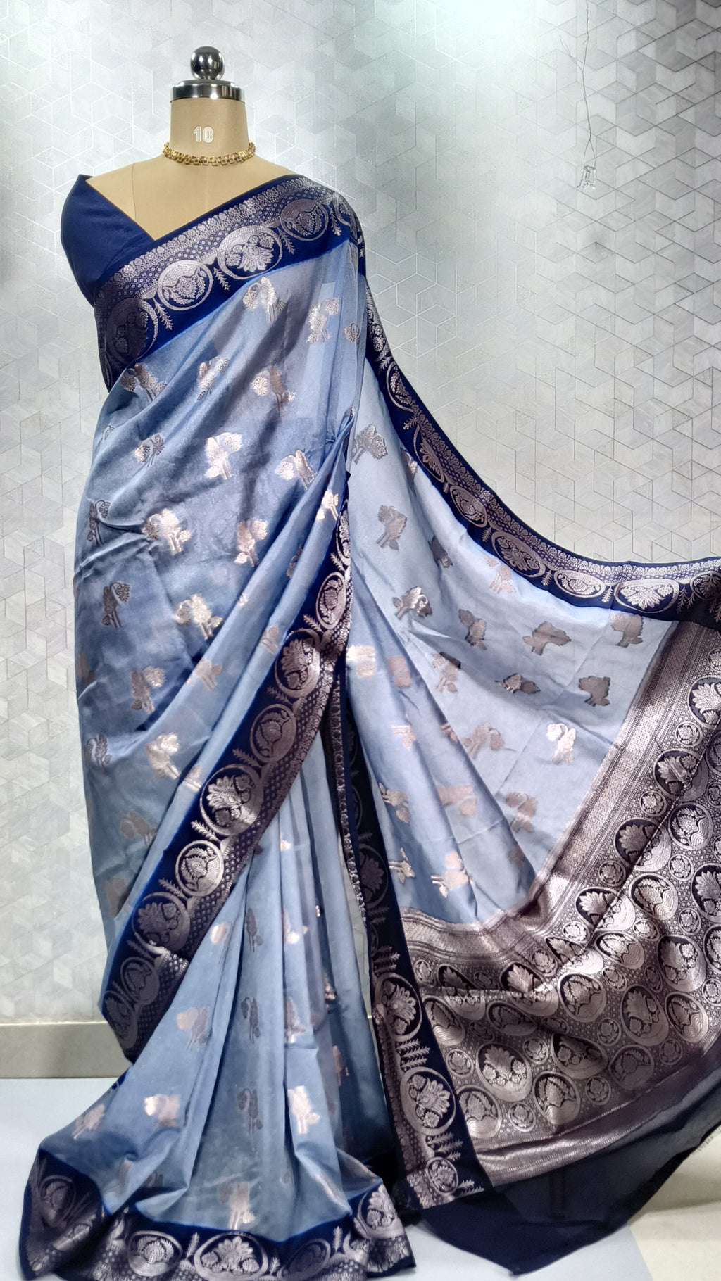 Styled Look: Sky Blue Banarasi Saree + Geometric Gold-Toned Jewelry Set