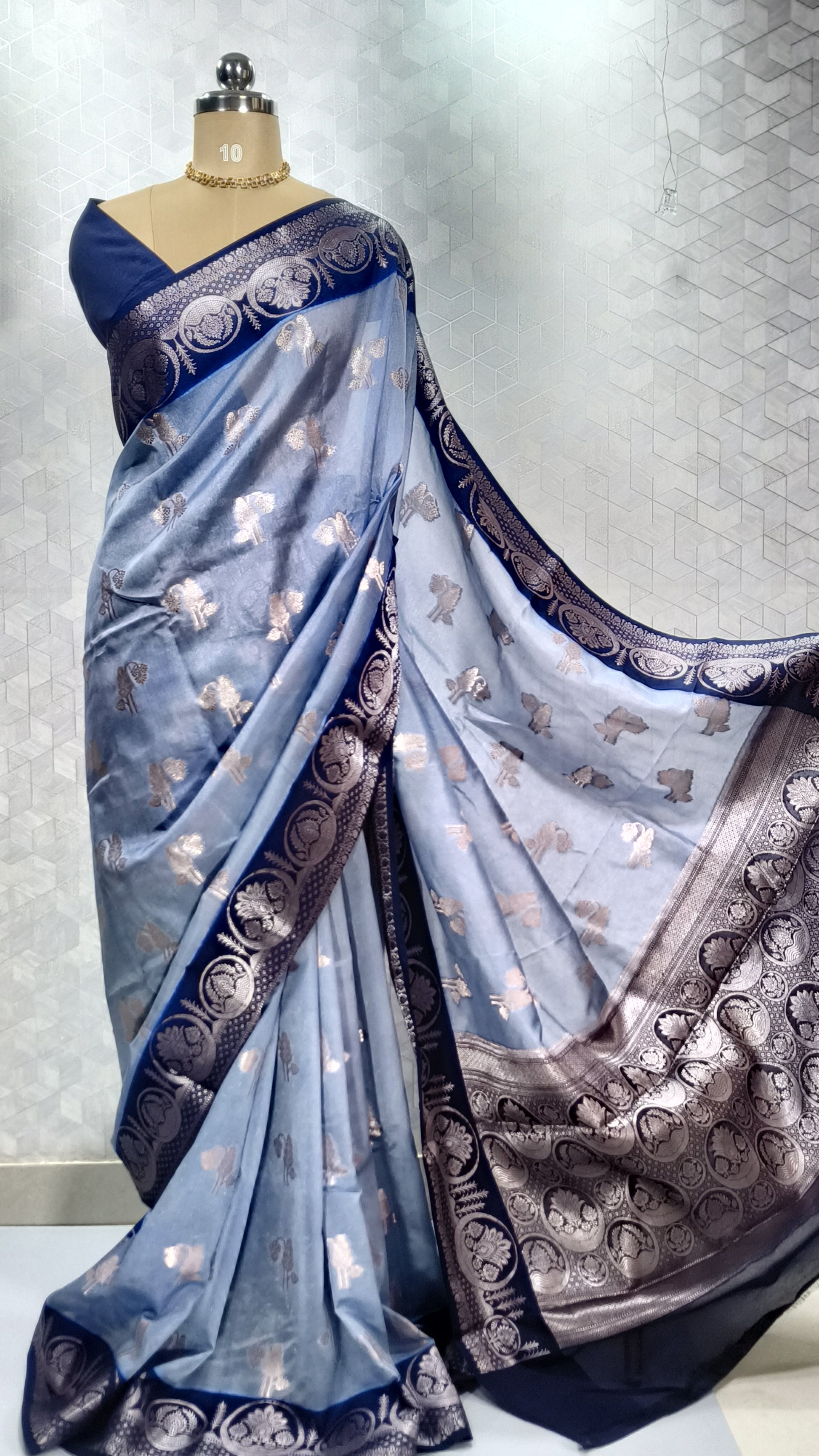 Styled Look: Sky Blue Banarasi Saree + Geometric Gold-Toned Jewelry Set