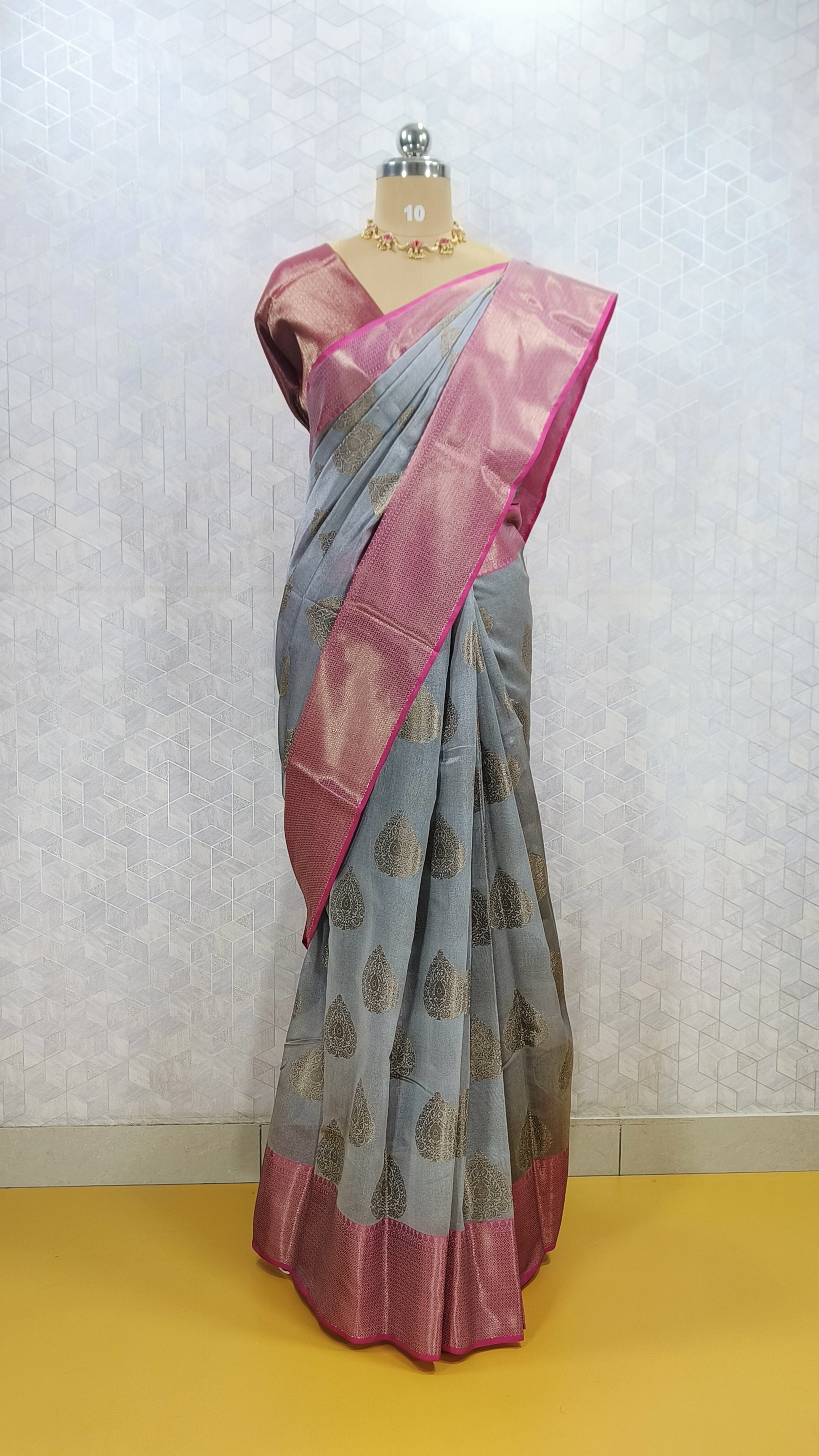 Steel Grey Cotton Silk Saree with Buta Work & Pink Contrast Border