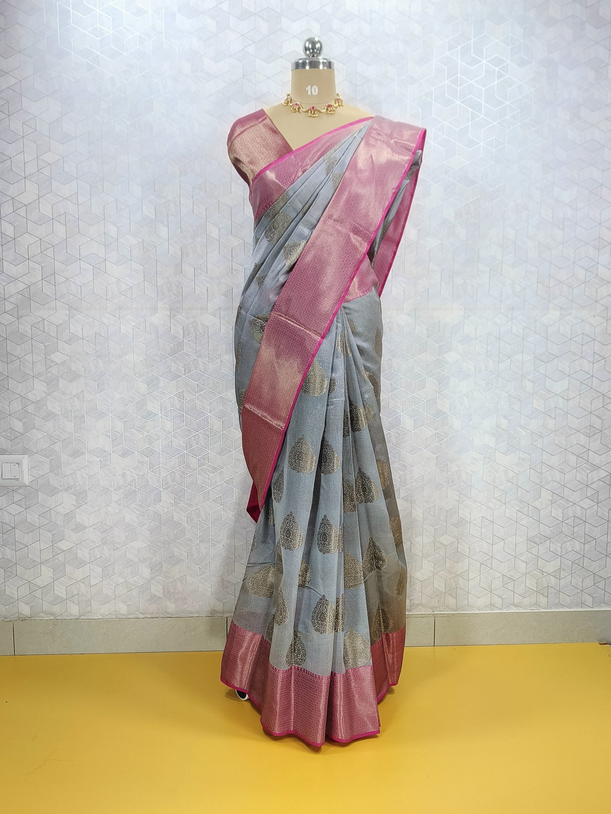 Steel Grey Cotton Silk Saree with Buta Work & Pink Contrast Border