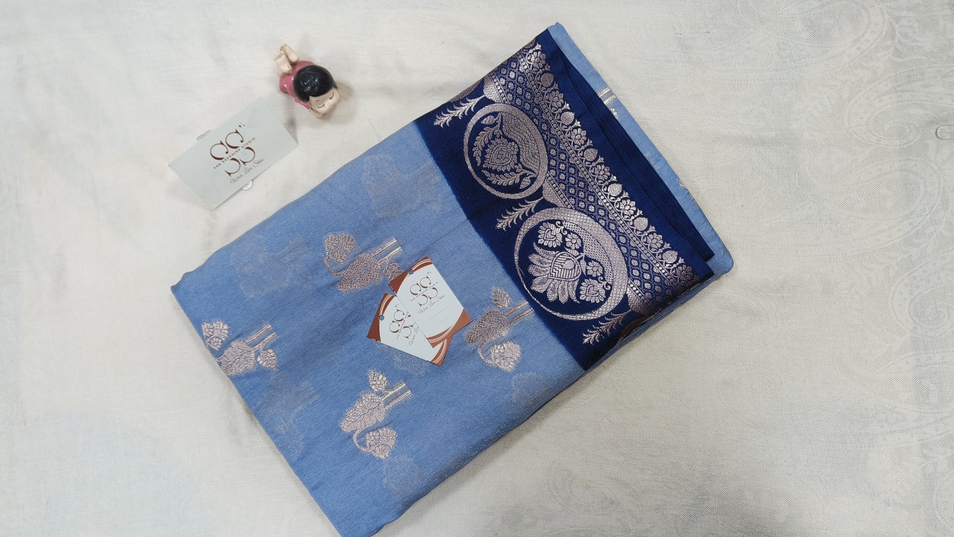 Styled Look: Sky Blue Banarasi Saree + Geometric Gold-Toned Jewelry Set