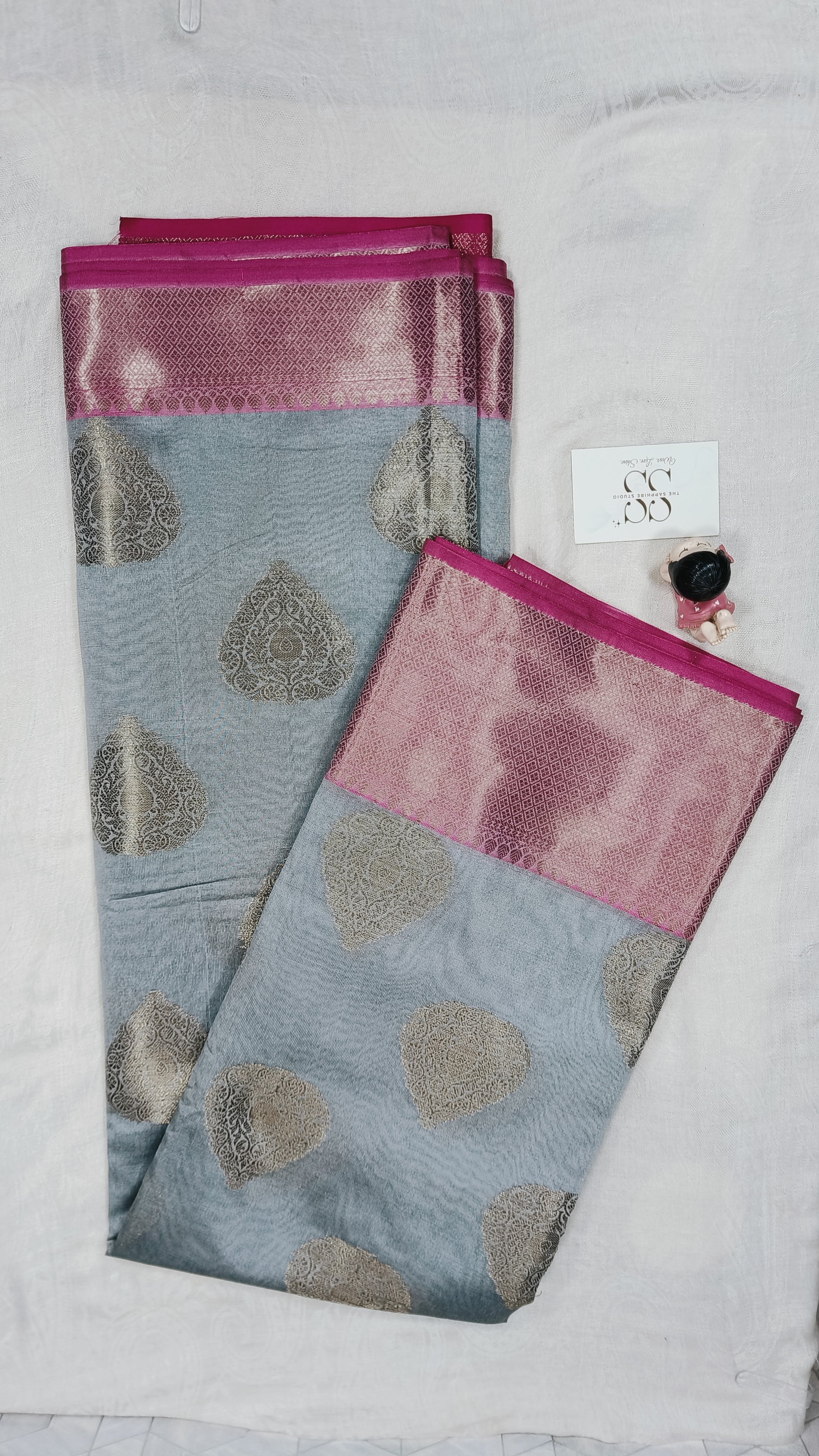 Steel Grey Cotton Silk Saree with Buta Work & Pink Contrast Border