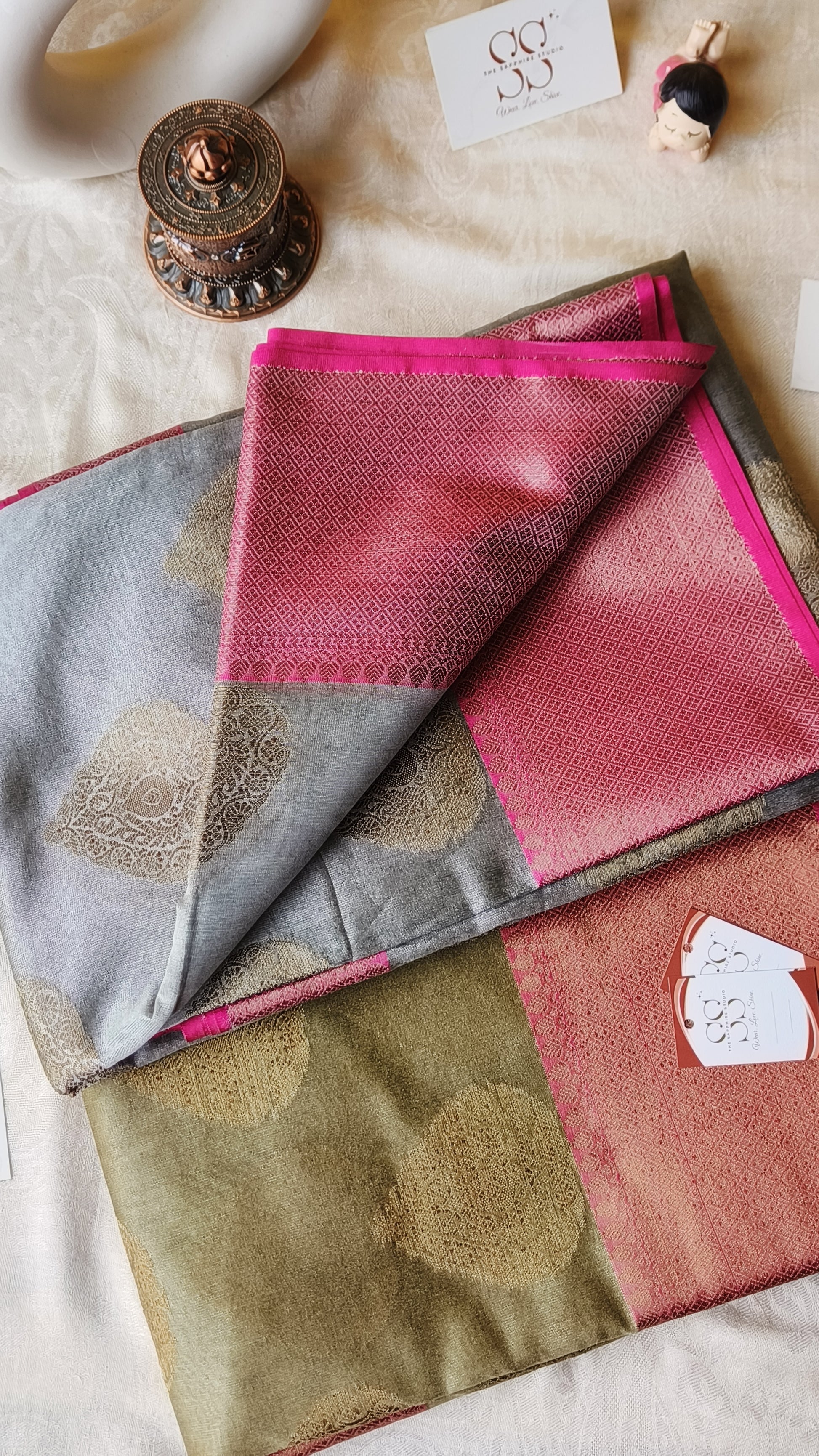 Cotton Silk Saree - Olive Green Cotton Silk Saree with Buta Work & Contrast Border